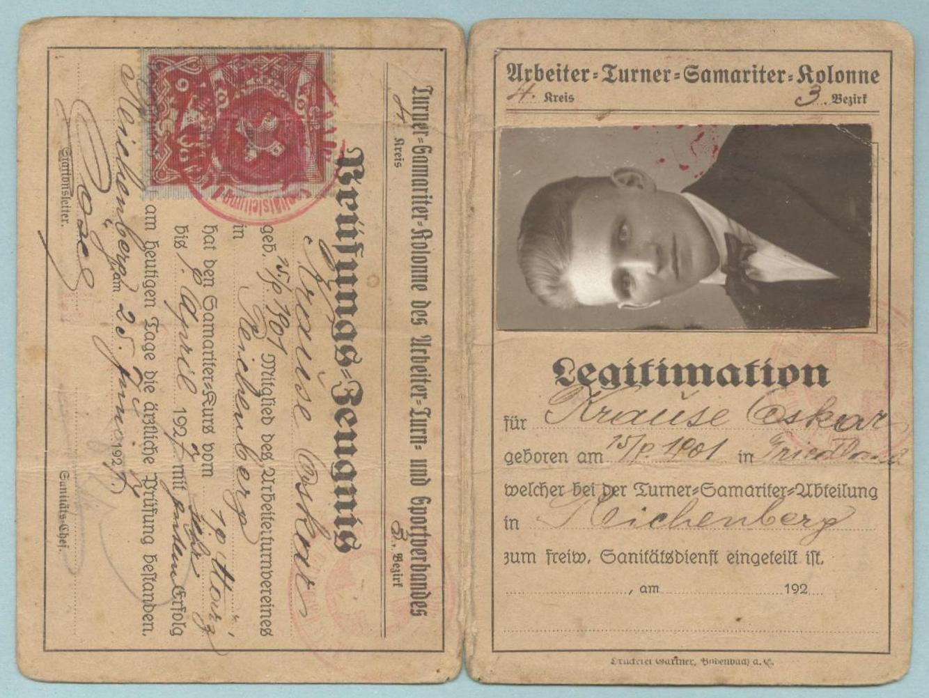 Náhledový obrázek Legitimation. Arbeiter Turner Samariter Kolonne, Reichenberg - 1