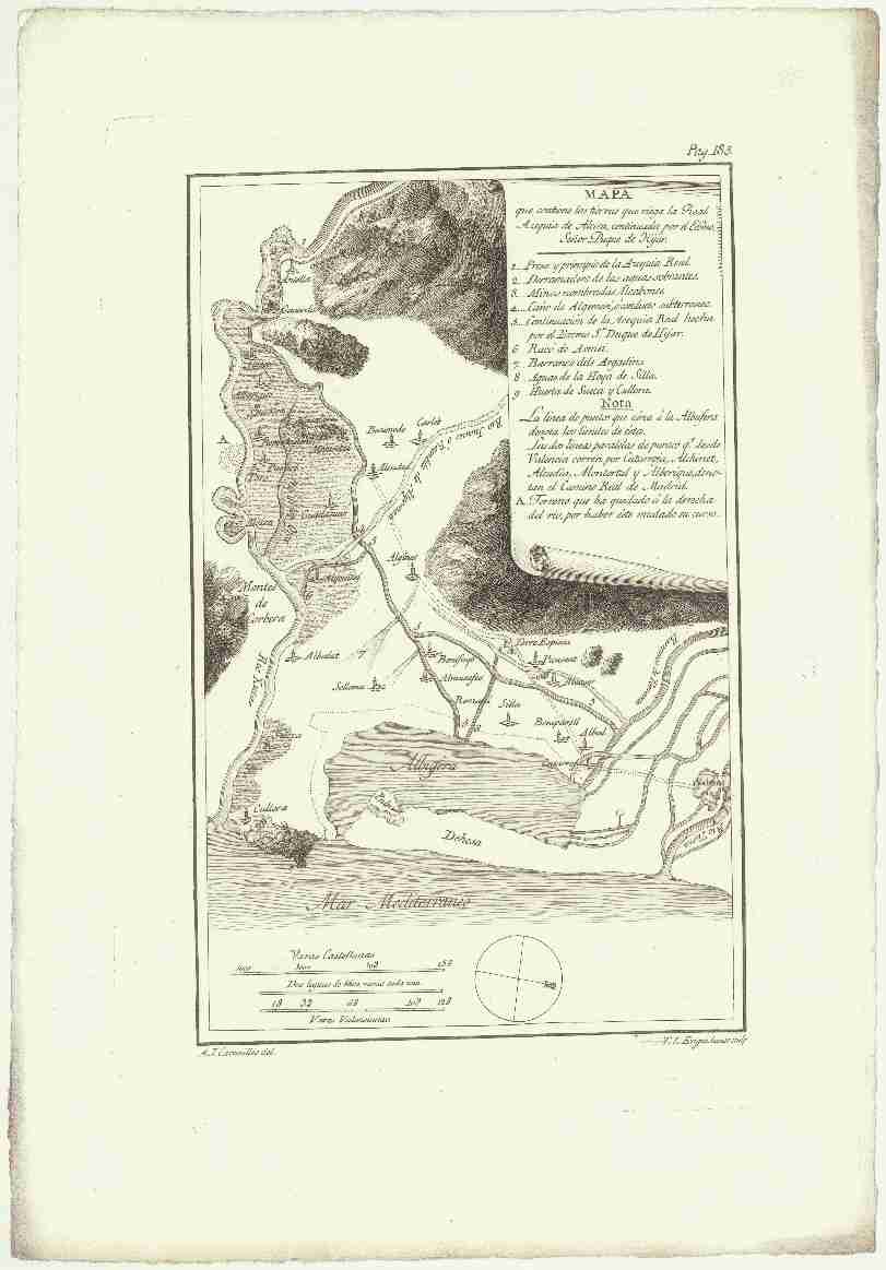 Náhledový obrázek Mapa que contiene las tierras que riega la Real Azequia de Alcira, continuada por el exmo. senor Duque de Hijar. - 1