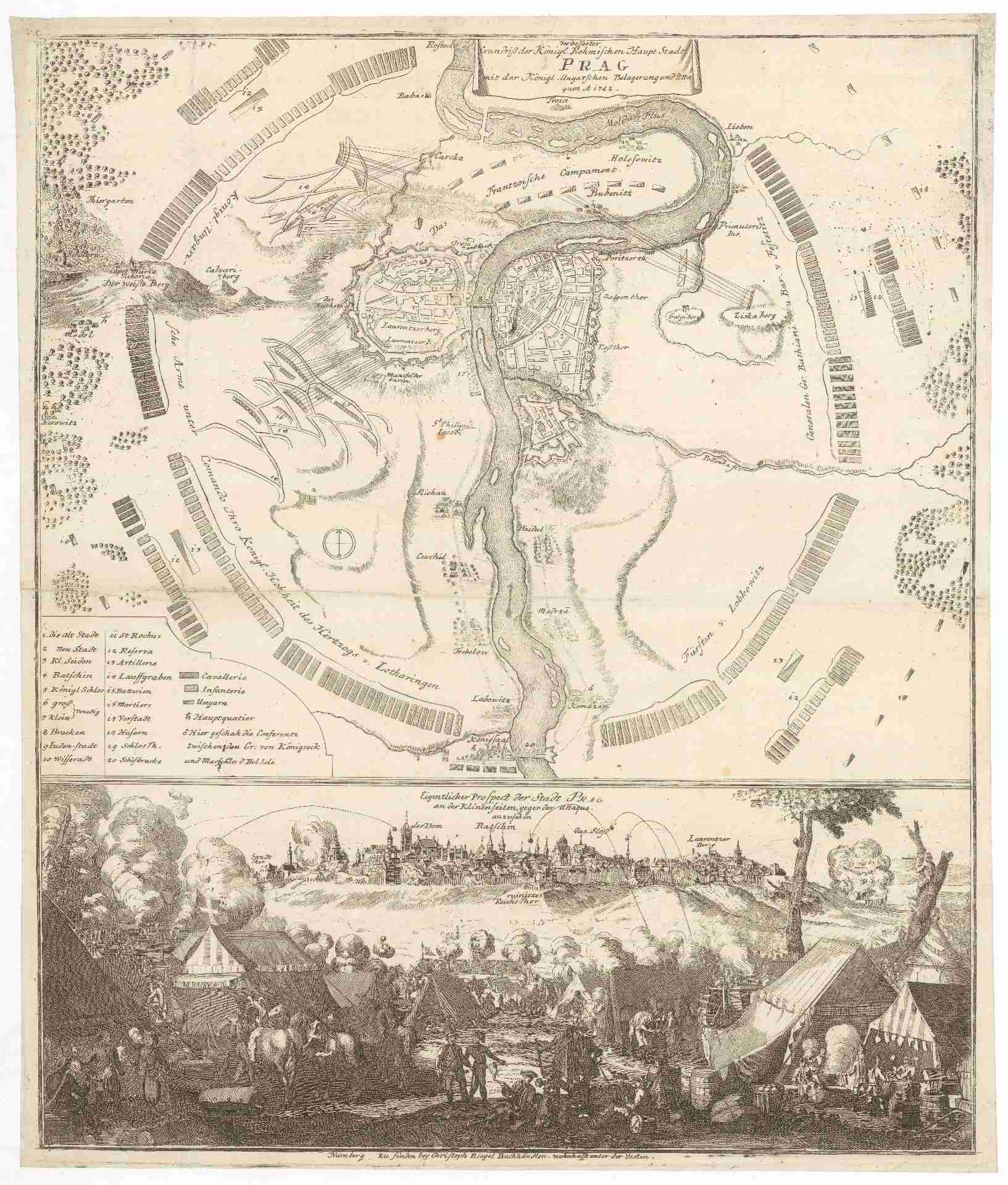 Obrázek Verbesserter Grundriß der königl. bohmischen Haupt Stadt Prag mit der königl. ungarschen Belagerung und Attaquen A 1742