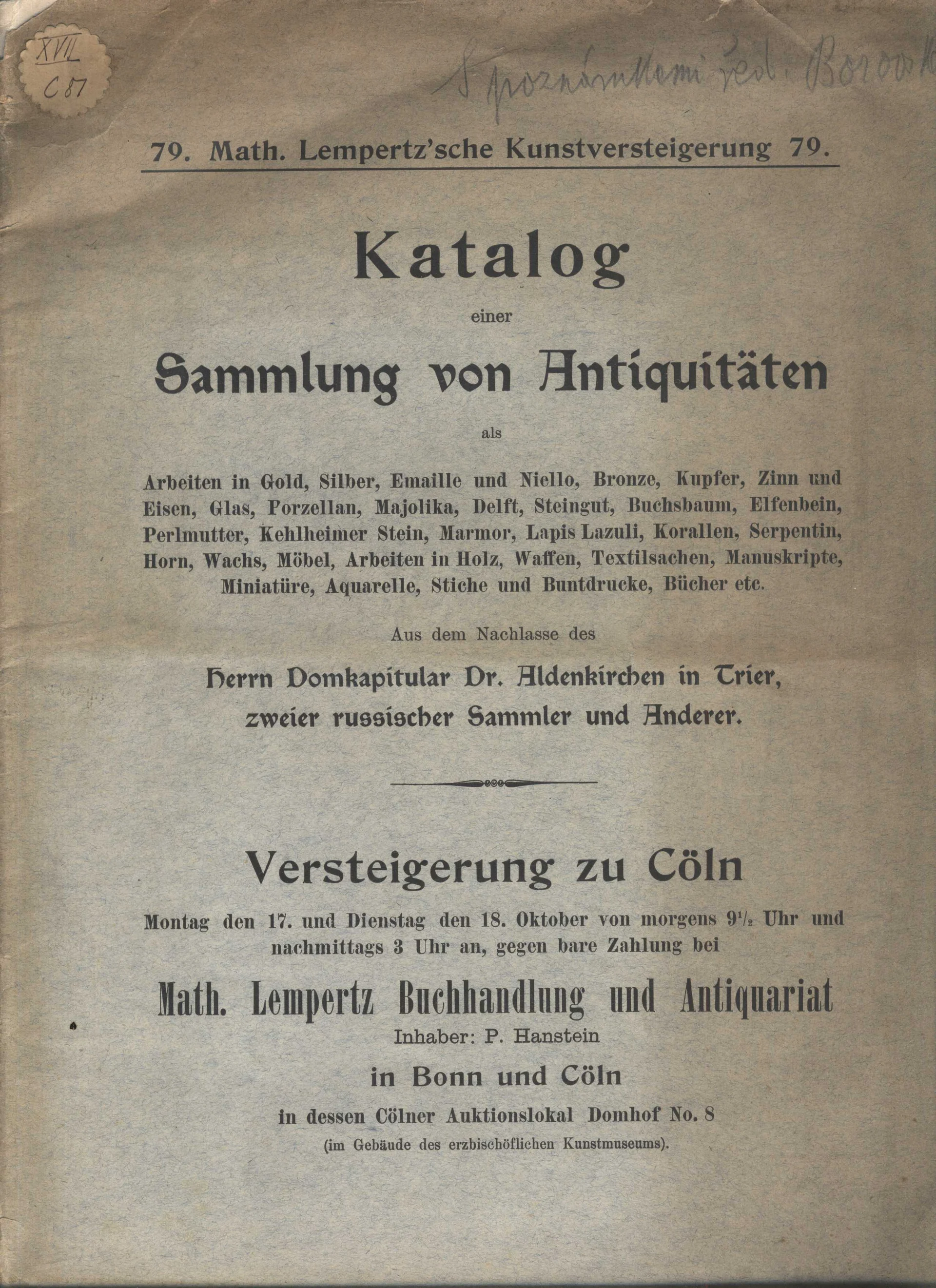 Náhledový obrázek předmětu Katalog einer Sammlung von Antiquitäten