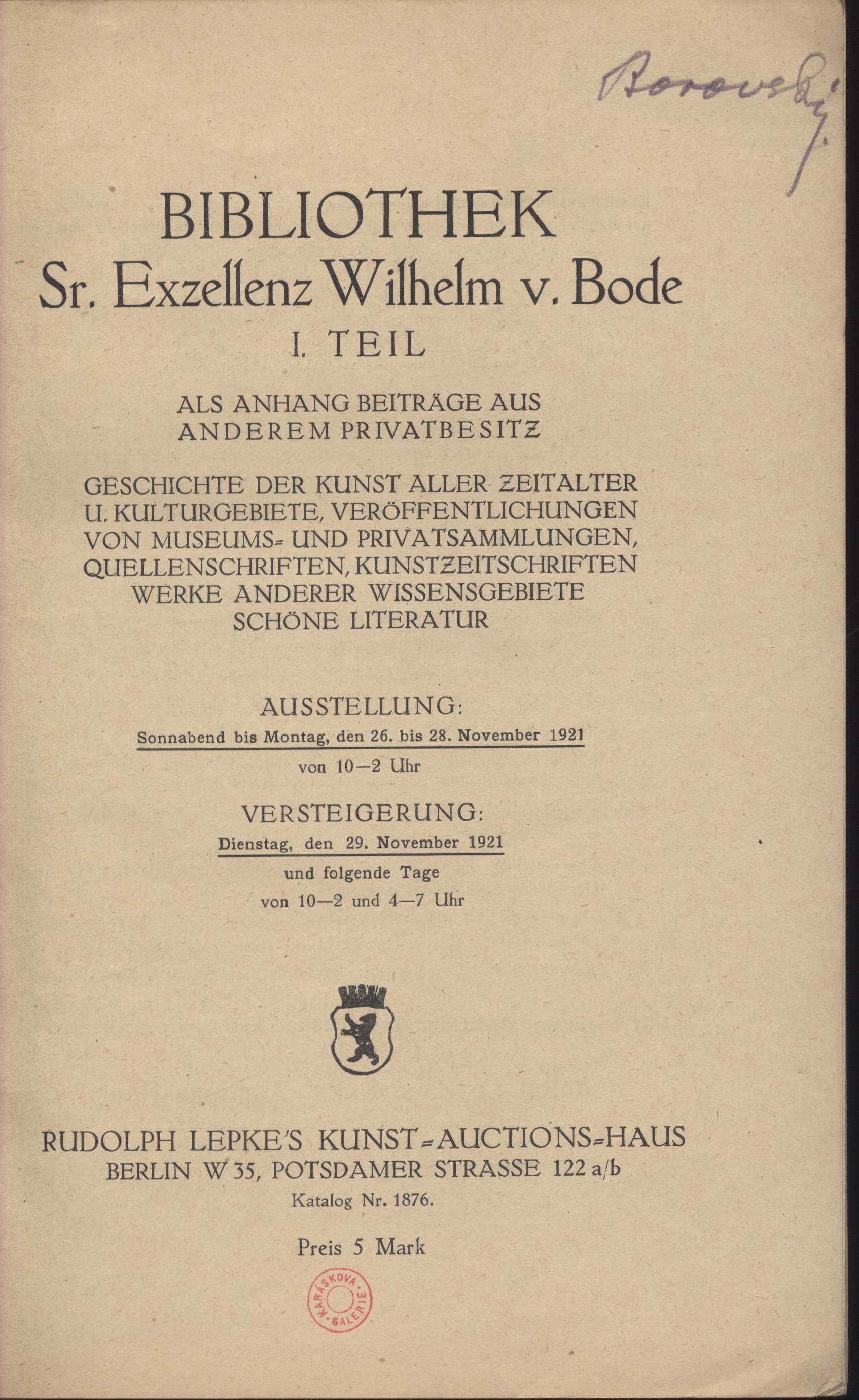 Náhledový obrázek Bibliothek Sr. Exzellenz Wilhelm v. Bode - 3