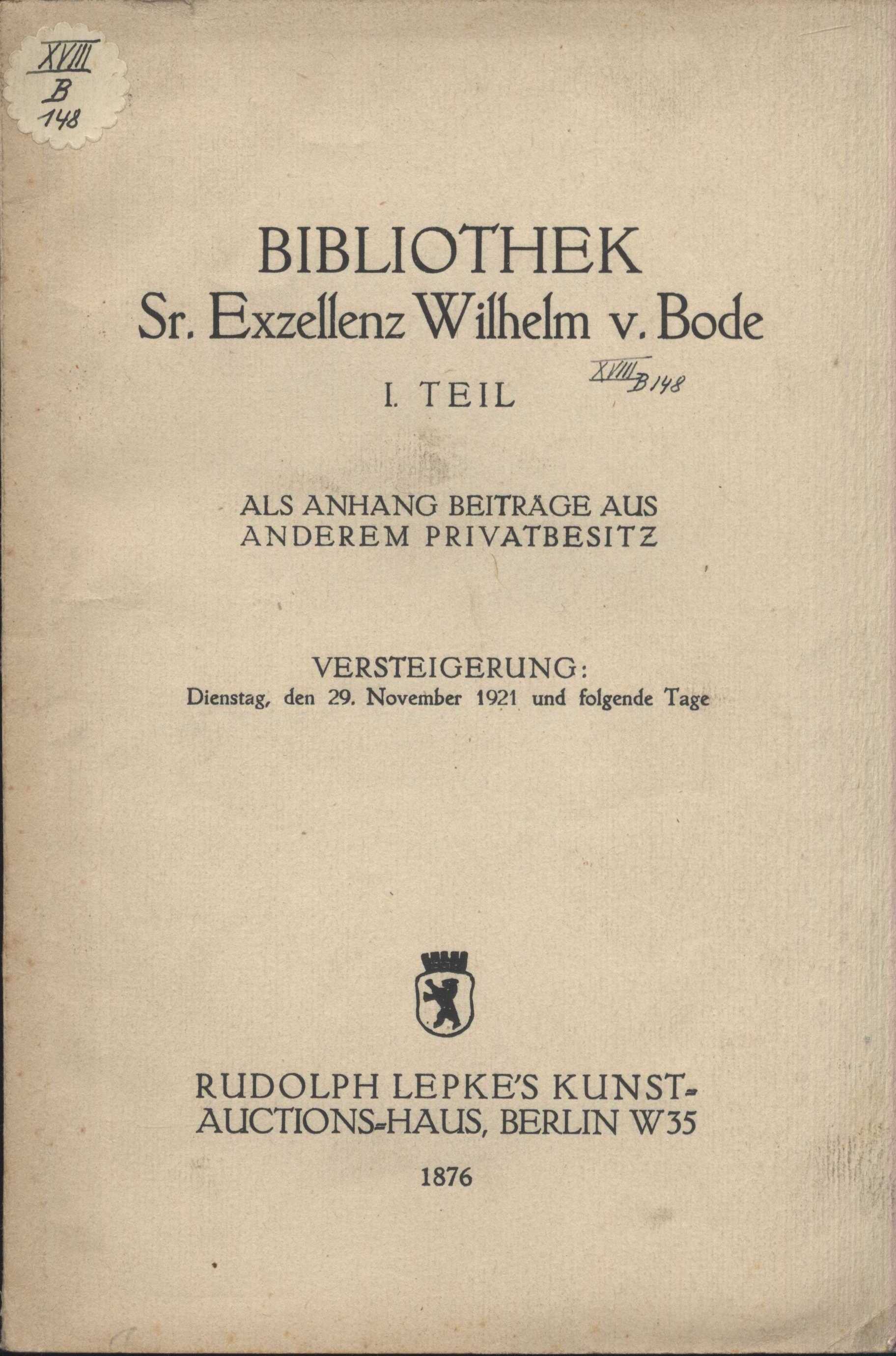 Náhledový obrázek Bibliothek Sr. Exzellenz Wilhelm v. Bode - 1