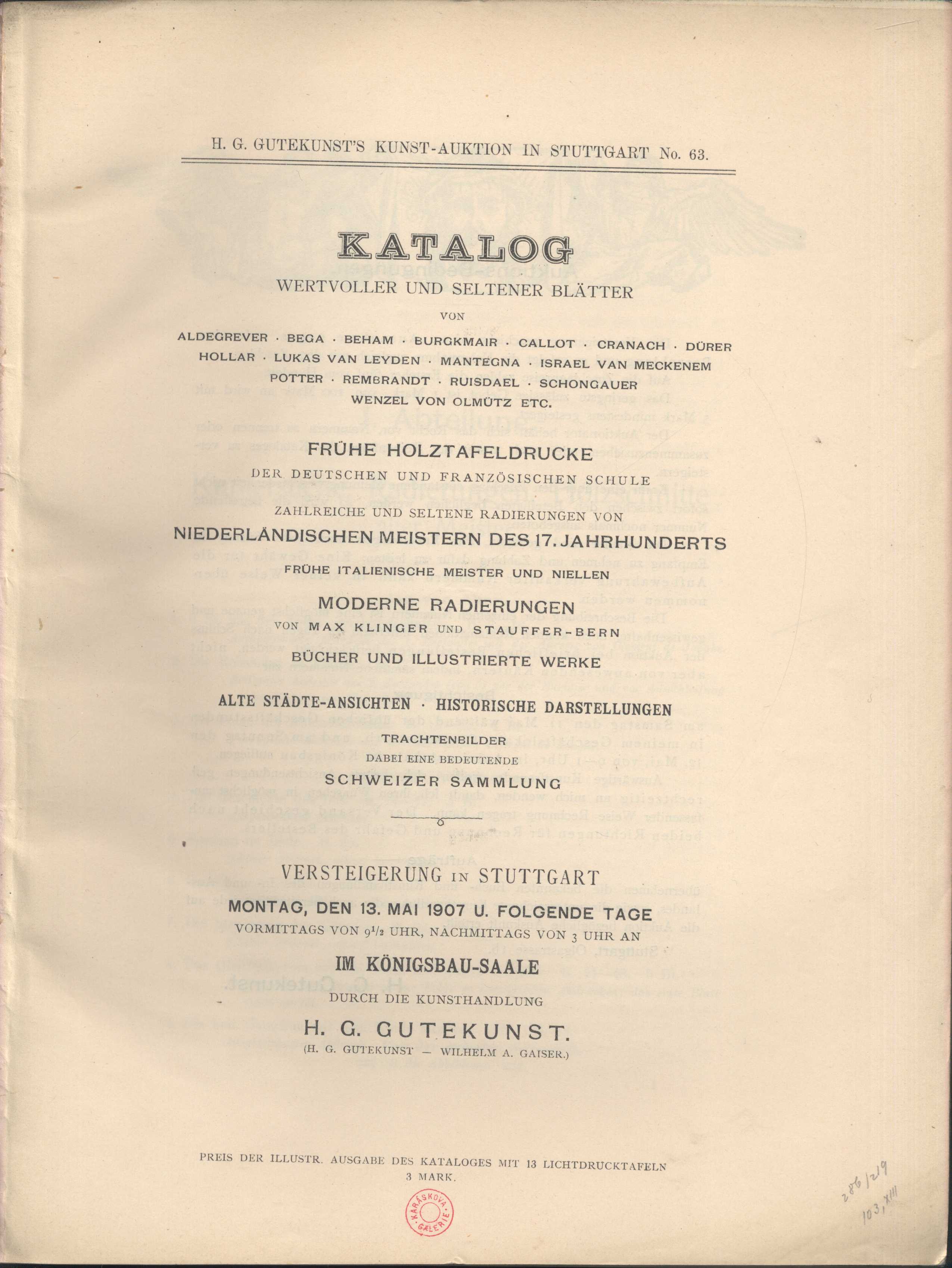 Náhledový obrázek Katalog wertvoller und seltener Blätter von Aldegrever, Bega, Beham, Burgkmair, Callot, Cranach, Dürer, Hollar, Lukas van Leyeden, Mantegna, Israel Van Meckenem, Potter, Rembrandt, Ruisdael, Schongauer, Wenzel von Olmütz etc. - 2