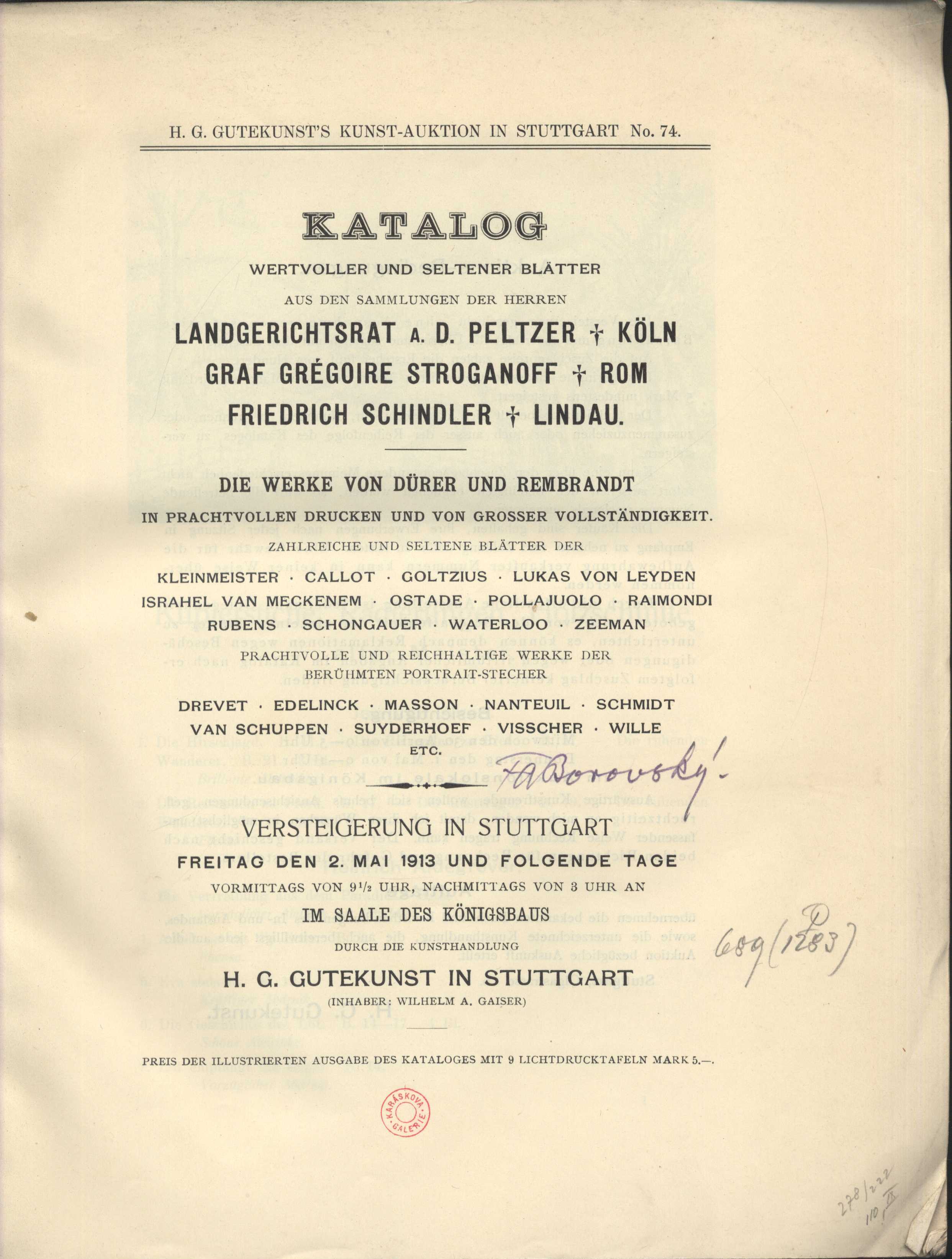Náhledový obrázek Katalog wertvoller und seltener Blätter aus den Sammlungen der Herren Landgerichtsrat a. D. Peltzer, Köln; Graf Grégoire Stroganoff, Rom; Friedrich Schindler, Lindau - 2
