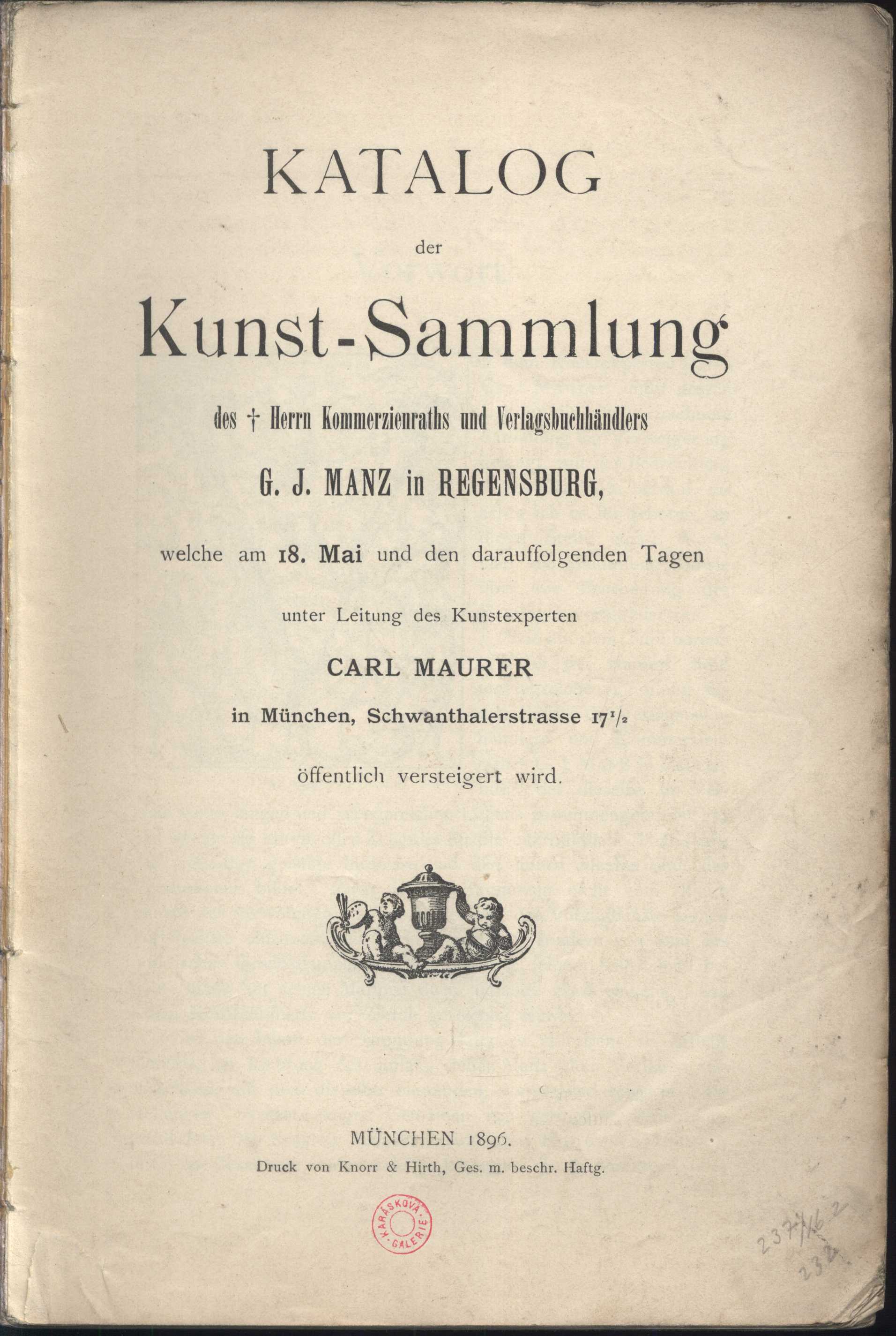Náhledový obrázek Katalog der Kunst-Sammlung des Herrn Kommerzienraths und Verlagsbuchhändlers G. J. Manz in Regensburg - 2