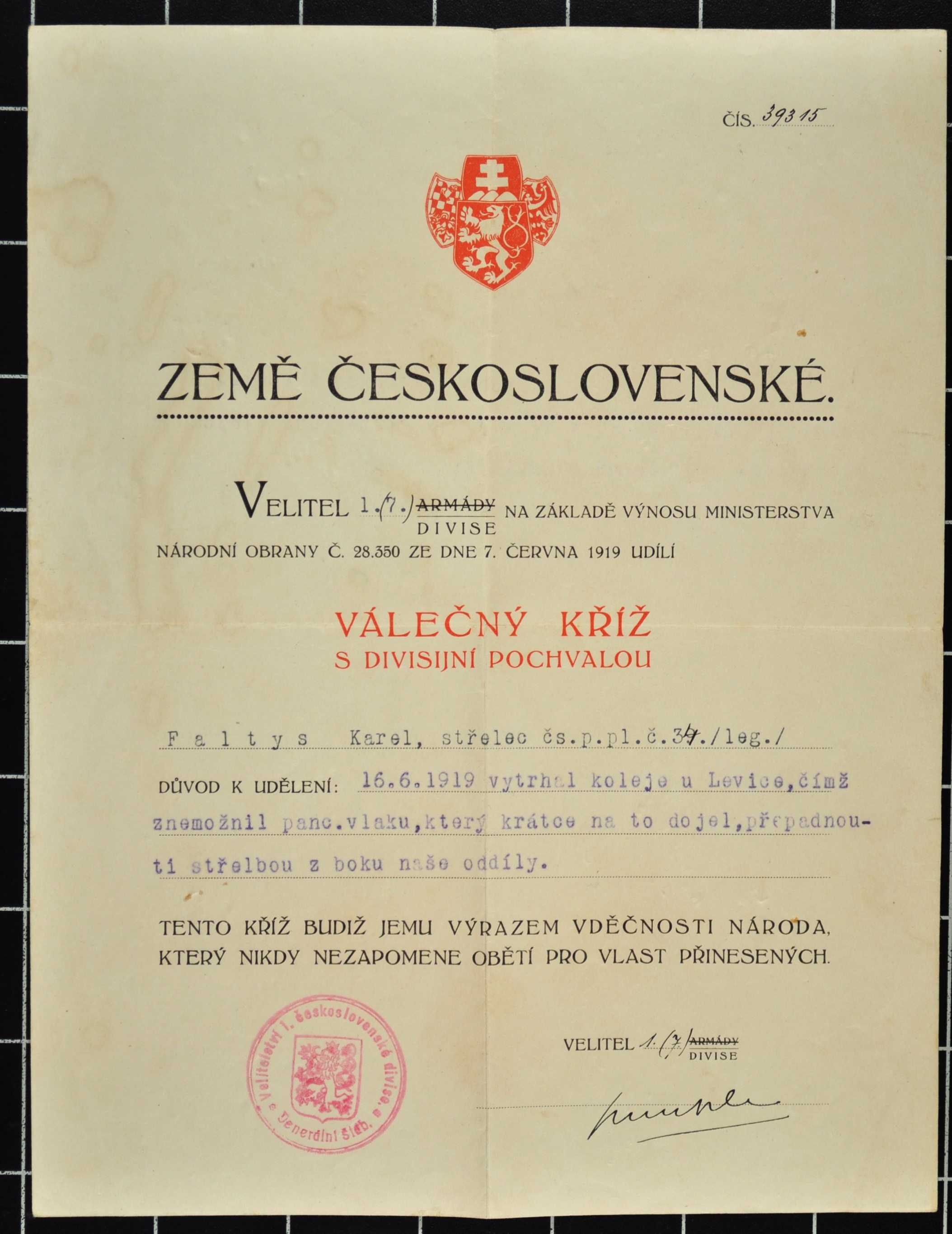 Náhledový obrázek Válečný kříž s divizijní pochvalou - 2