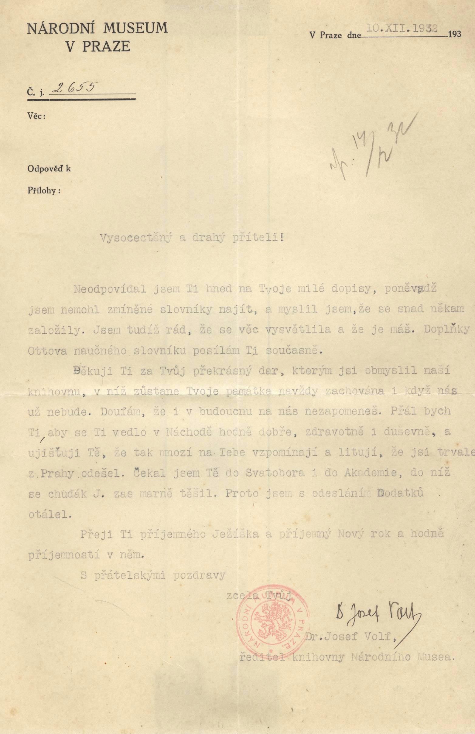 Náhledový obrázek Dopis ředitele Knihovny NM Josefa Volfa Jířímu Guthovi-Jarkovskému - 1