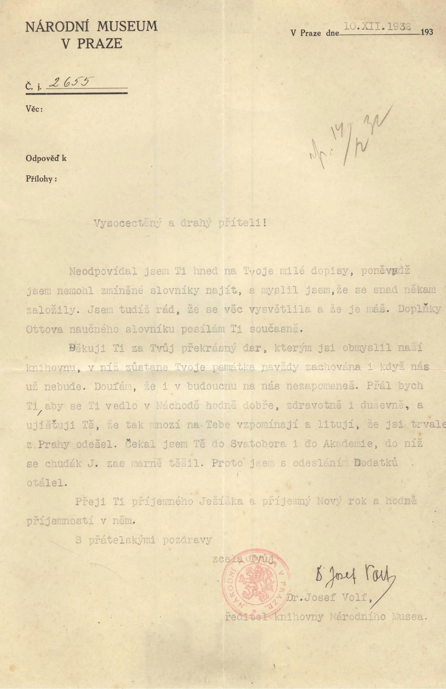 Náhledový obrázek předmětu Dopis ředitele Knihovny NM Josefa Volfa Jířímu Guthovi-Jarkovskému