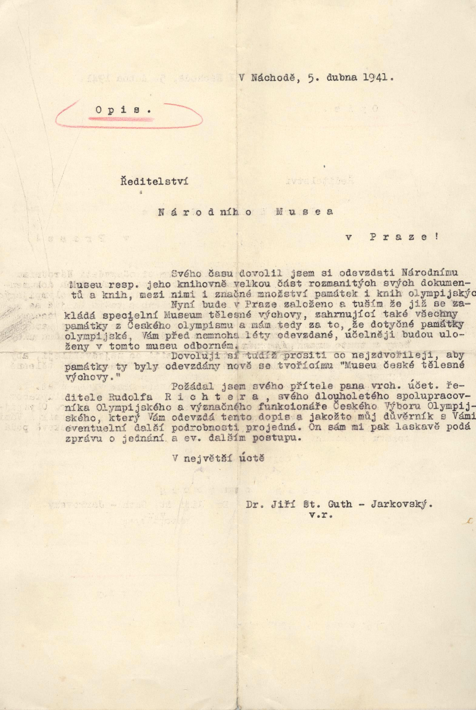 Náhledový obrázek Dopis Jiřího Gutha-Jarkovského Národnímu museu - 1