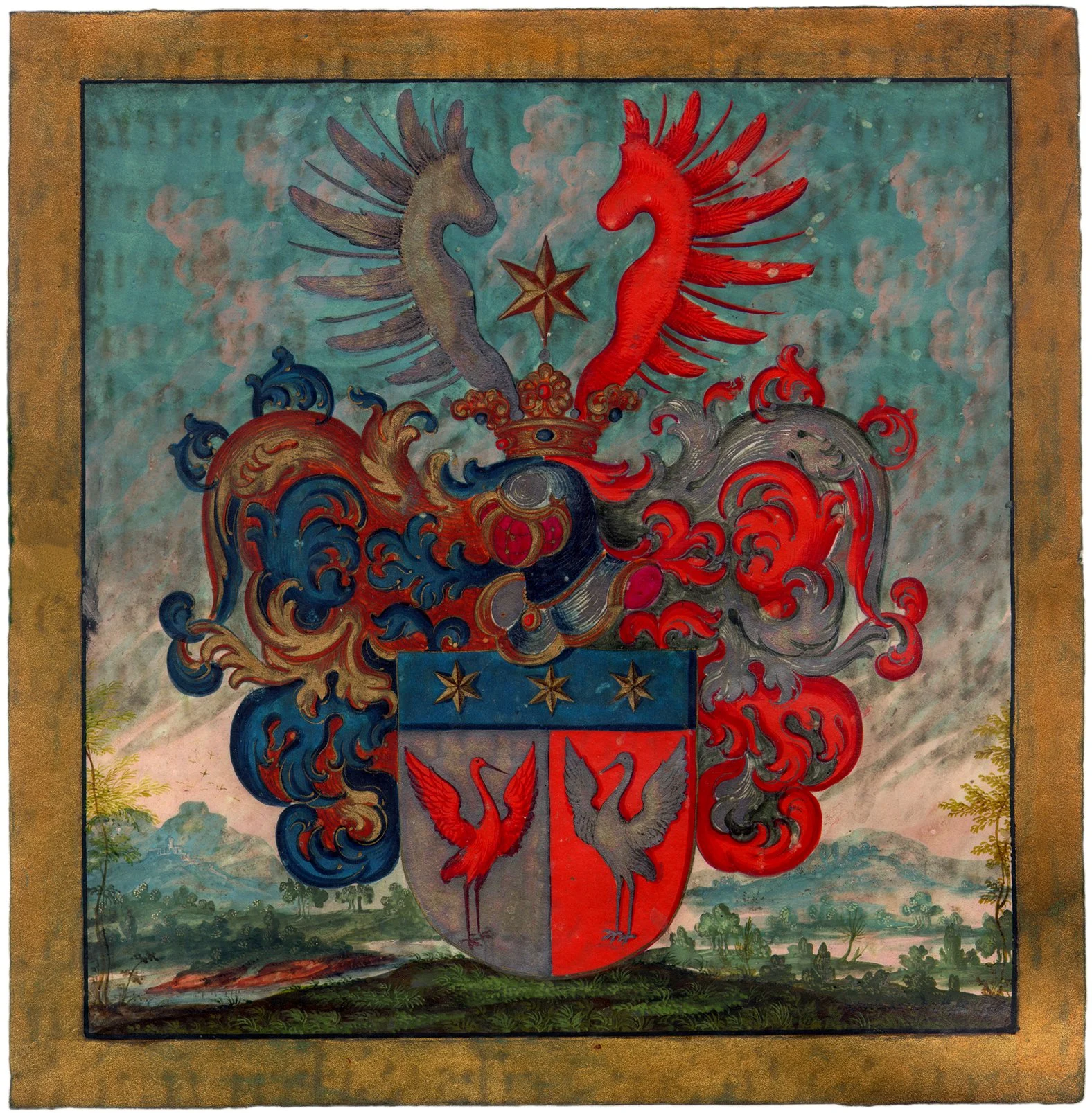 Obrázek Císař Karel VI. povyšuje Johanna Antona Tieschowského, hospodářského hejtmana poděbradského a kolínského panství, do českého rytířského stavu, uděluje mu erb a predikát von Tröstenberg