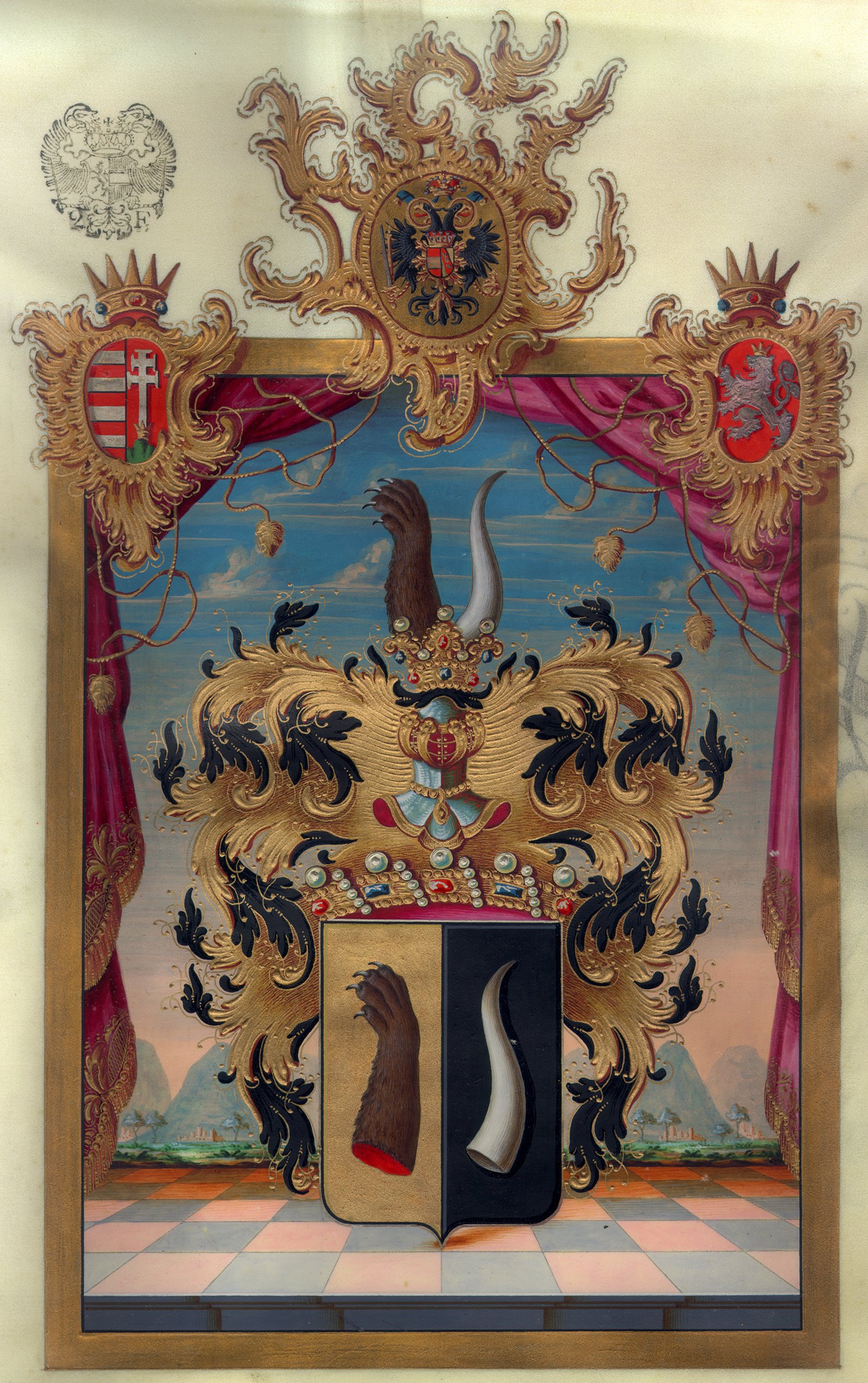 Náhledový obrázek Císař Leopold II. povyšuje Franze Johanna von Bieschin, dvorního radu při nejvyšším soudu, do stavu svobodných pánů, uděluje mu predikát Wohlgebohrn a polepšuje mu erb - 1