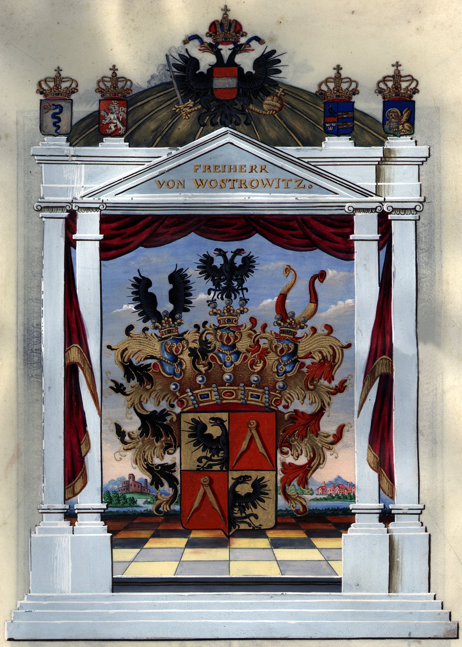 Náhledový obrázek Císař Ferdinand I. povyšuje Franze Fleißnera rytíře von Wostrowitz, majora jízdního pluku von Schneller č. 5, do stavu svobodných pánů, a polepšuje mu erb - 1