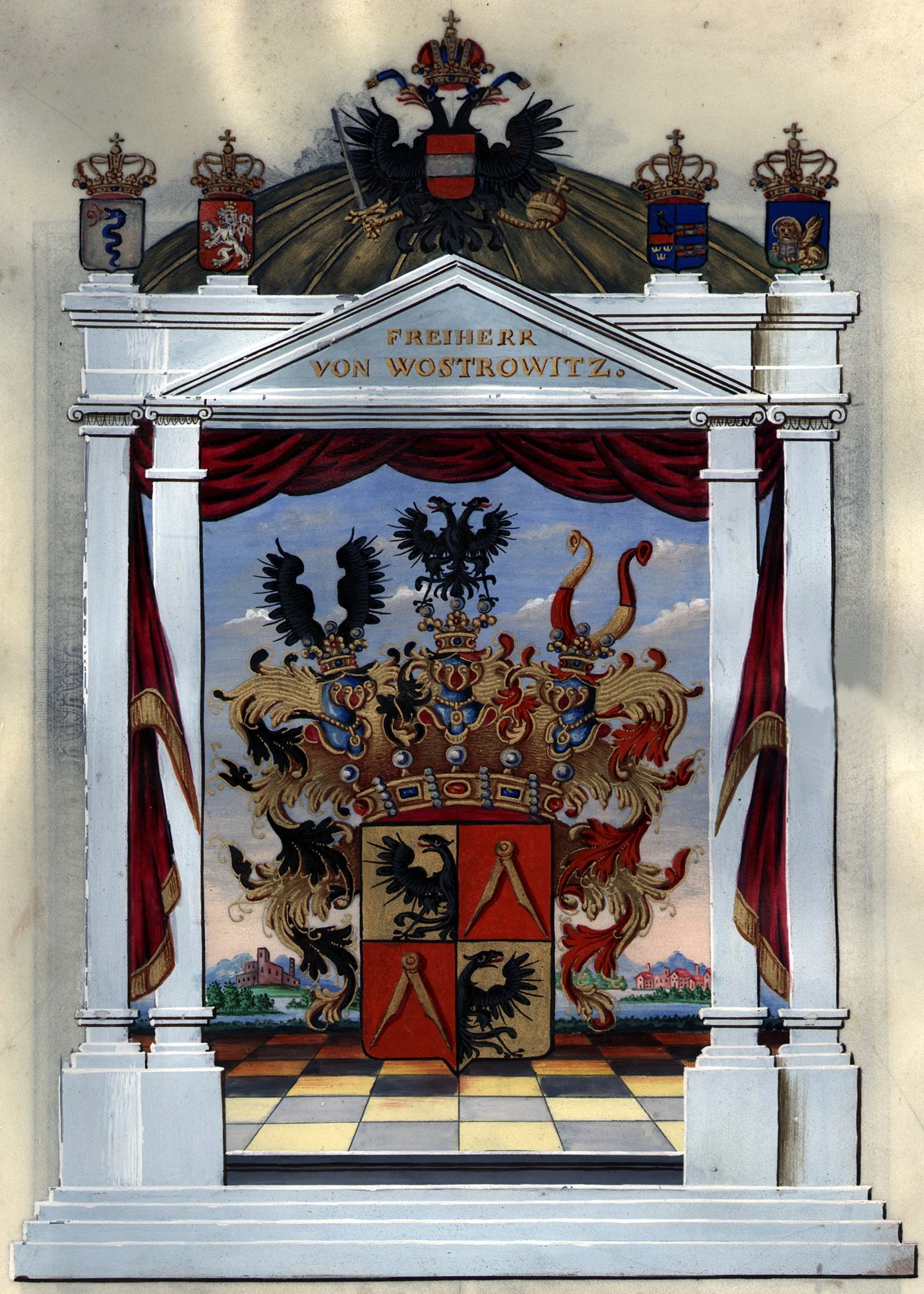 Obrázek Císař Ferdinand I. povyšuje Franze Fleißnera rytíře von Wostrowitz, majora jízdního pluku von Schneller č. 5, do stavu svobodných pánů, a polepšuje mu erb
