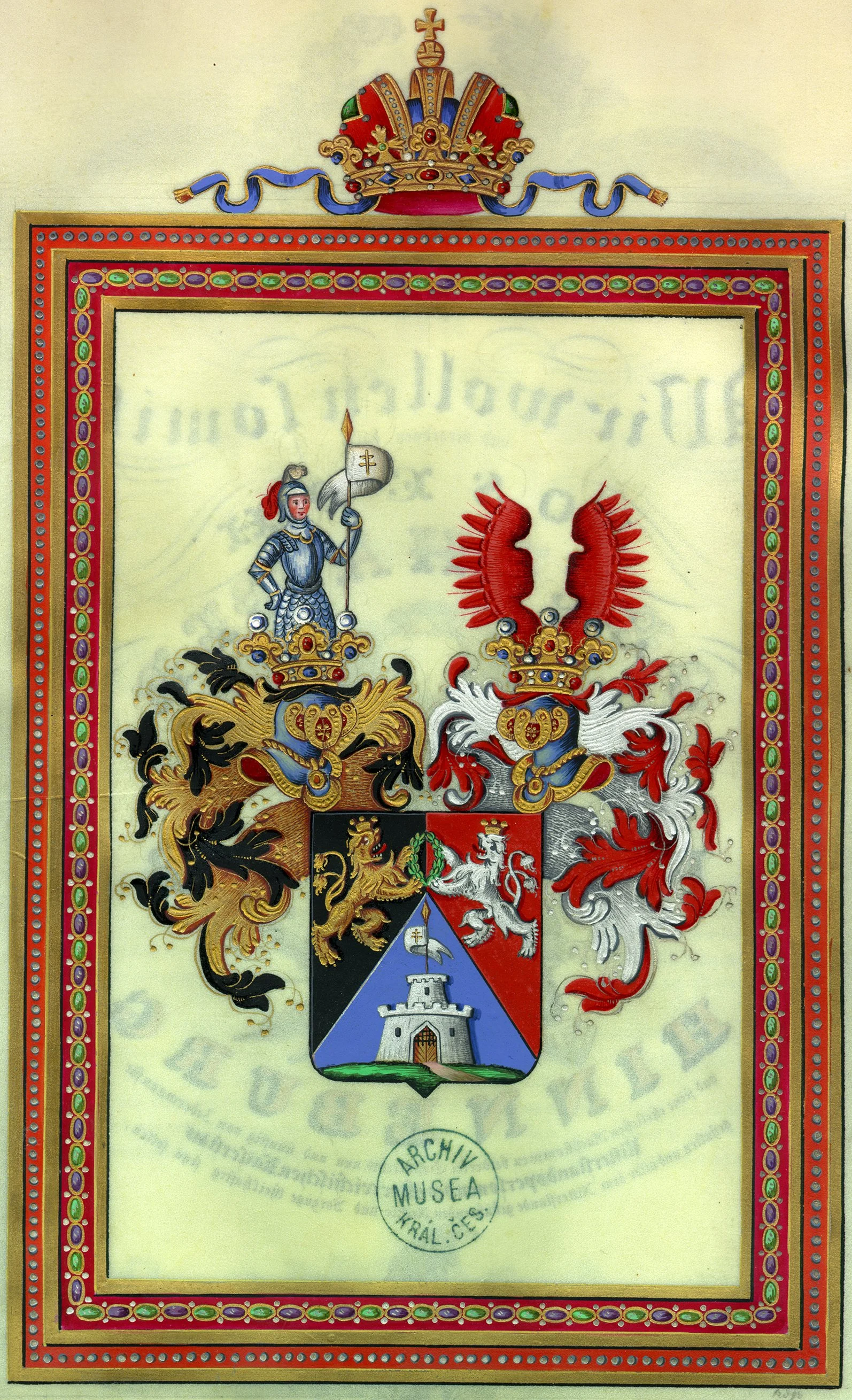 Obrázek Císař Ferdinand I. povyšuje Josepha Oberhausera, dvorního radu a administrátora komorních důchodků v Terstu, do rytířského stavu, uděluje mu predikát Ritter von Hinneburg a erb