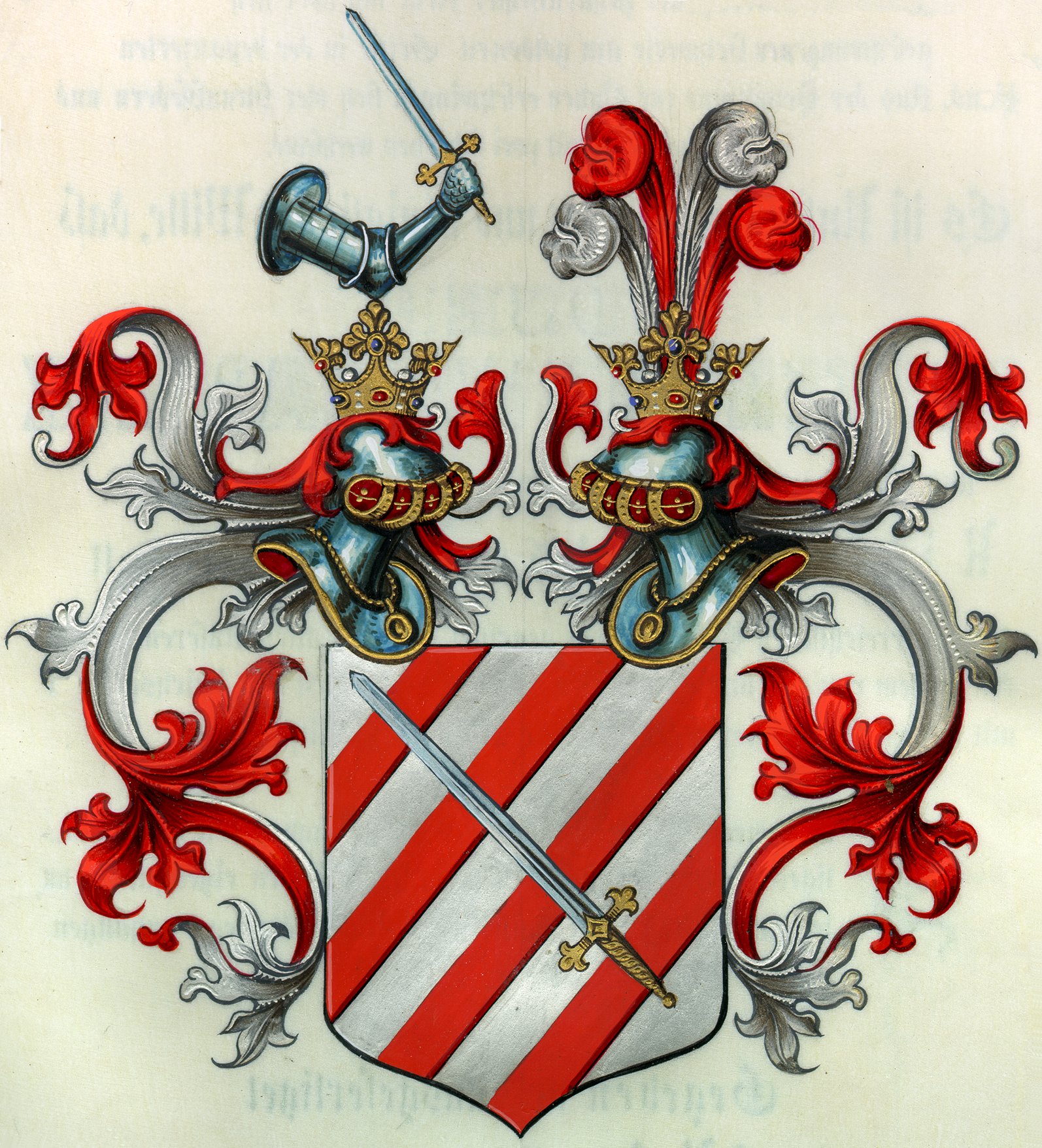 Náhledový obrázek Císař František Josef I. povyšuje Josefa Wallascheka, hejtmana osmého pluku dělostřelectva, na základě řádu Železné koruny III. třídy uděleného 3. října 1866, do rytířského stavu, uděluje mu predikát Ritter von a erb - 1
