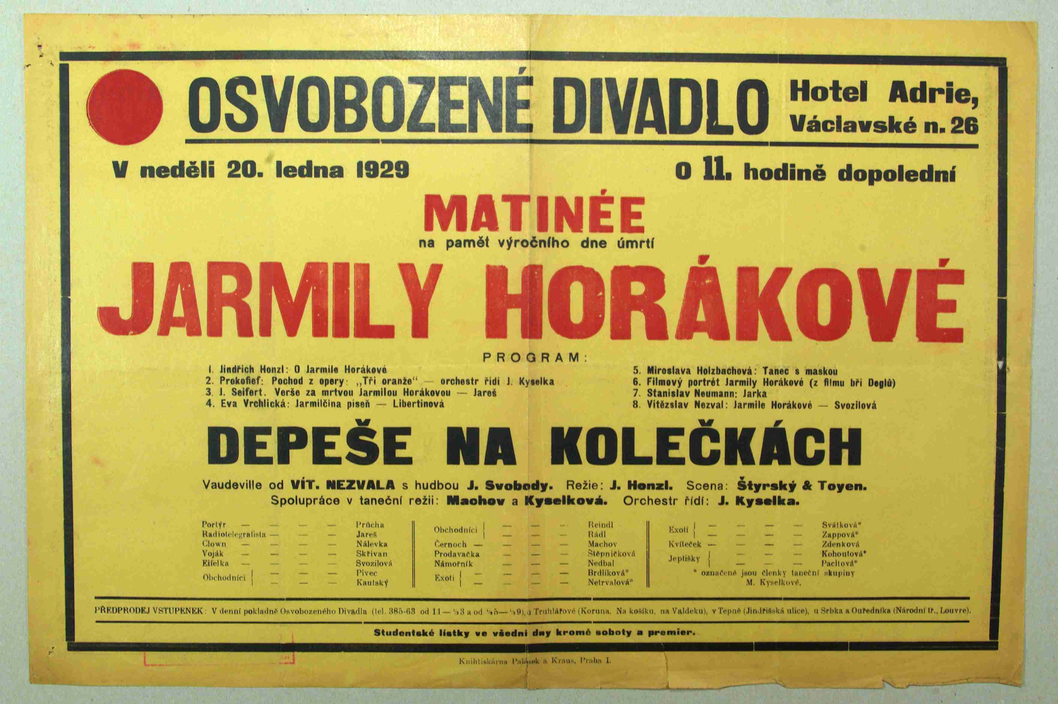 Náhledový obrázek Plakát Osvobozeného divadla: Matinnée na paměť  výročního dne úmrtí Jarmily Horákové - 1