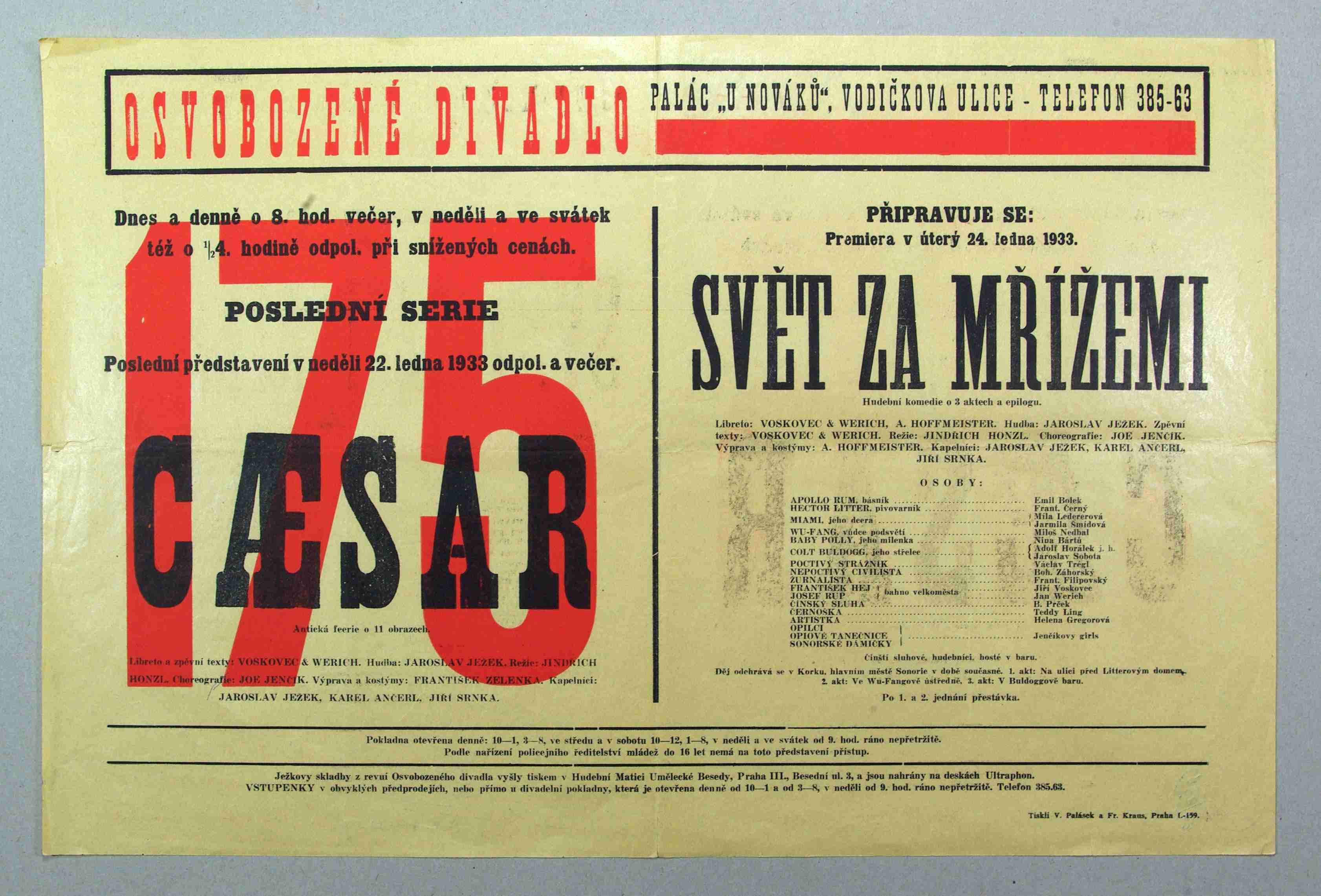 Náhledový obrázek Plakát Osvobozeného divadla:  V+W: Caesar, V+W+A. Hoffmeister: Svět za mřížemi - 1