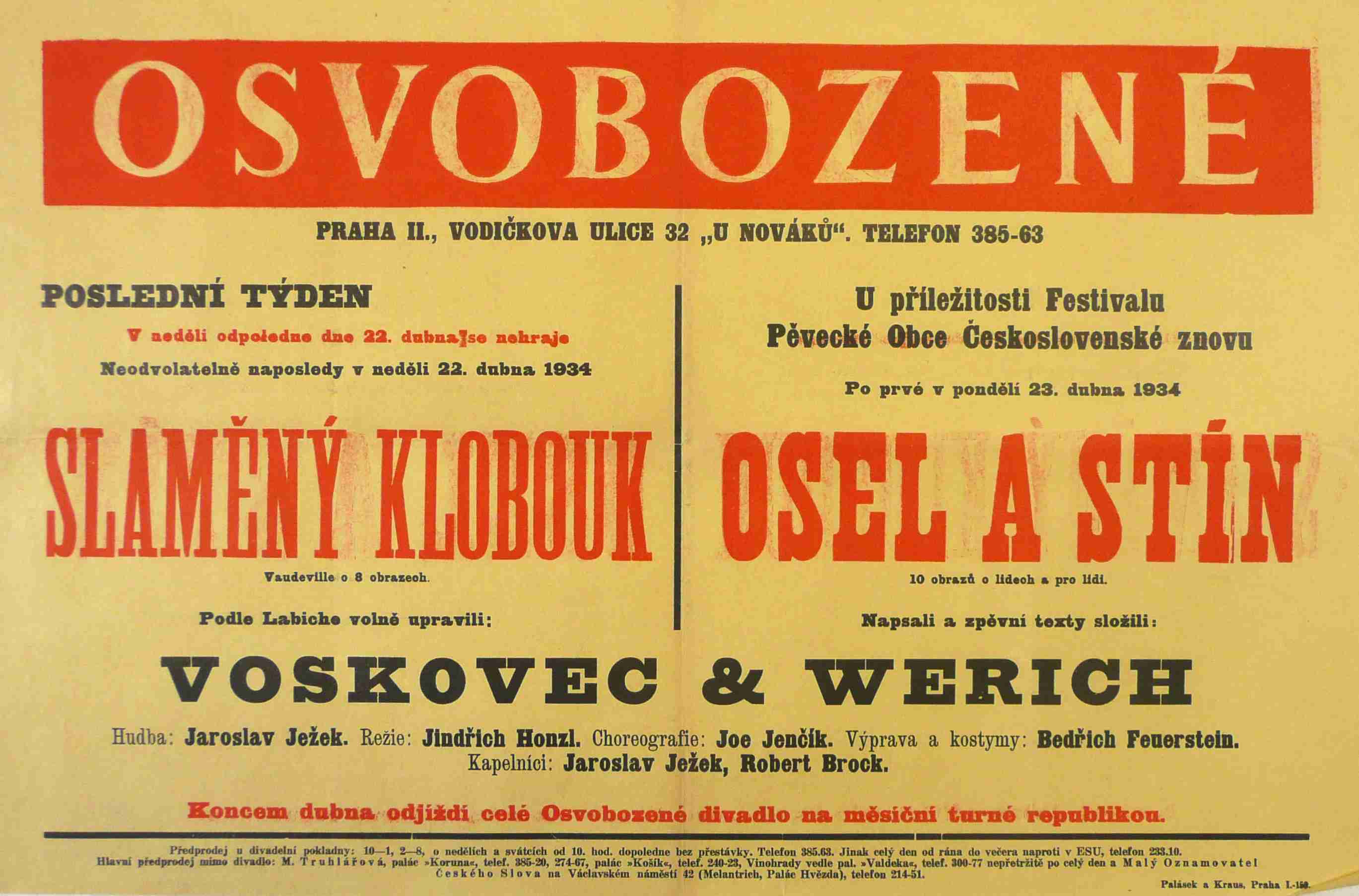 Náhledový obrázek Plakát Osvobozeného divadla: E. Labiche, V+W: Slaměný klobouk , V+W: Osel a stín - 1