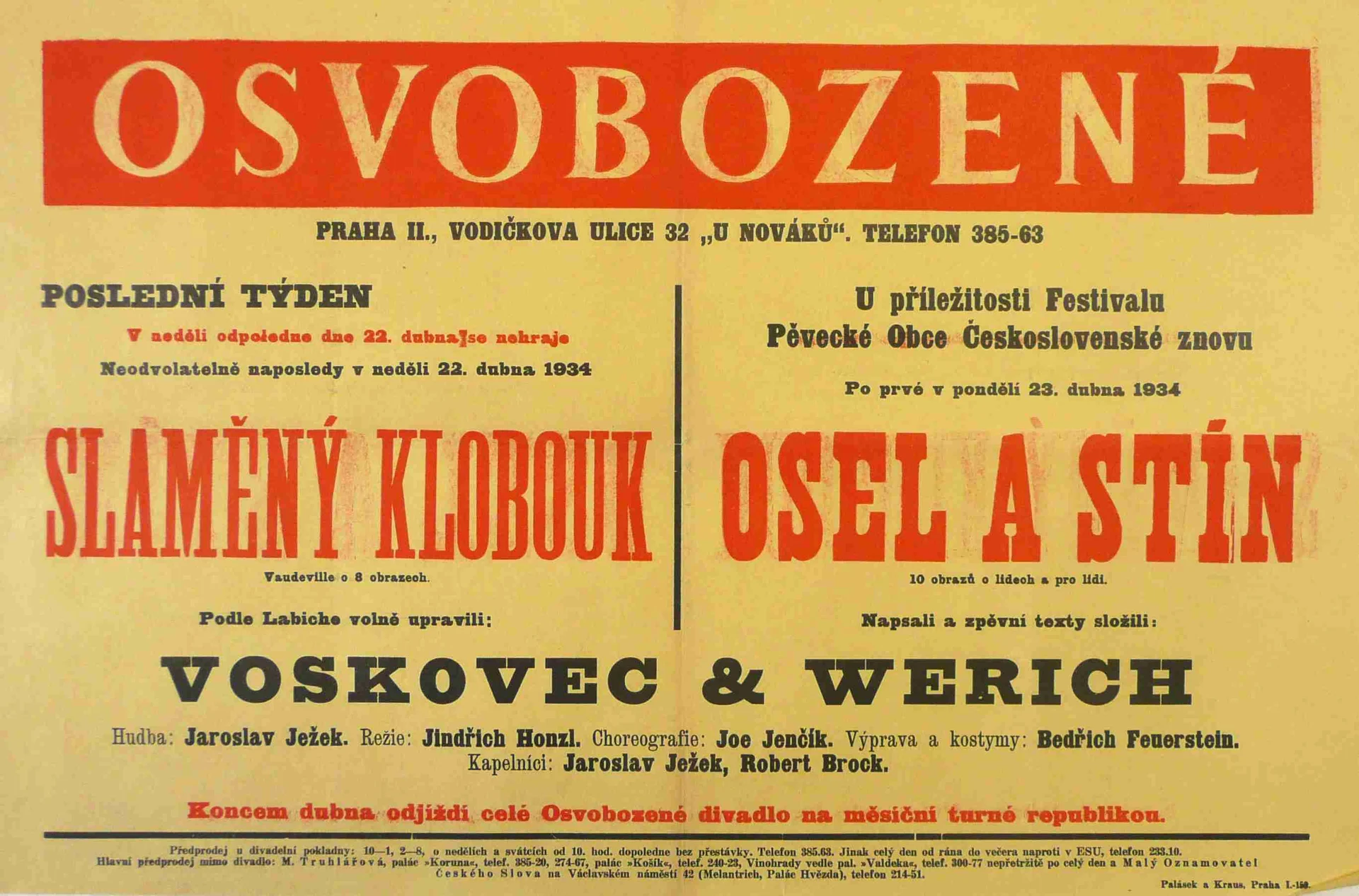 Obrázek Plakát Osvobozeného divadla: E. Labiche, V+W: Slaměný klobouk , V+W: Osel a stín