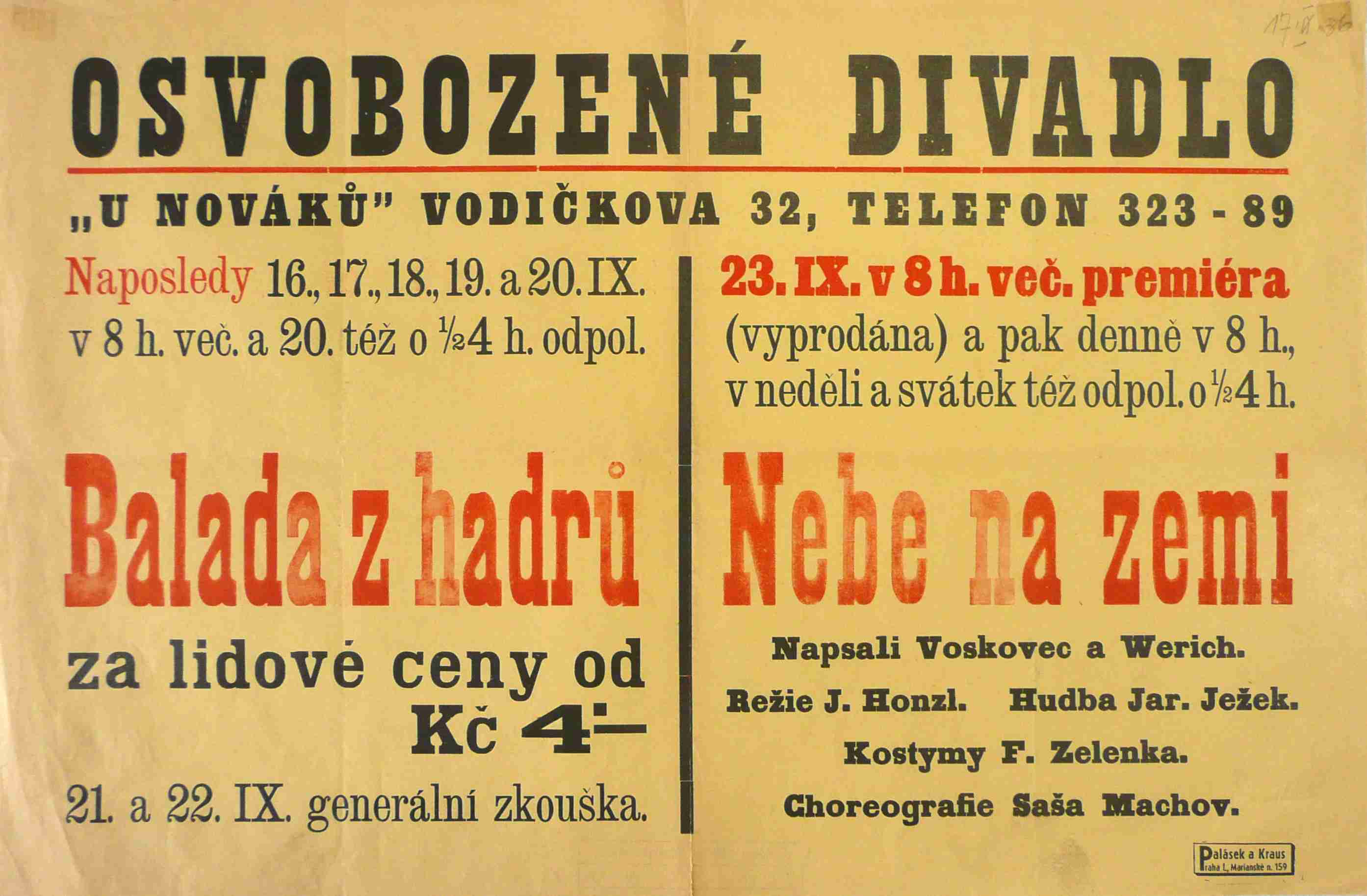 Náhledový obrázek Plakát Osvobozeného divadla: V+W: Balada z hadrů, V+W: Nebe na zemi - 1