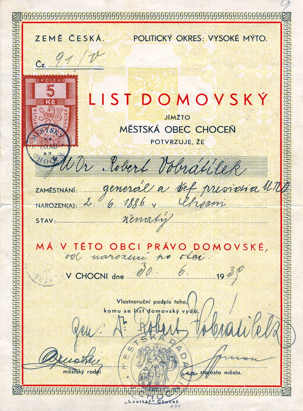 Náhledový obrázek Poválečné dokumenty Roberta Vobrátilka - 1