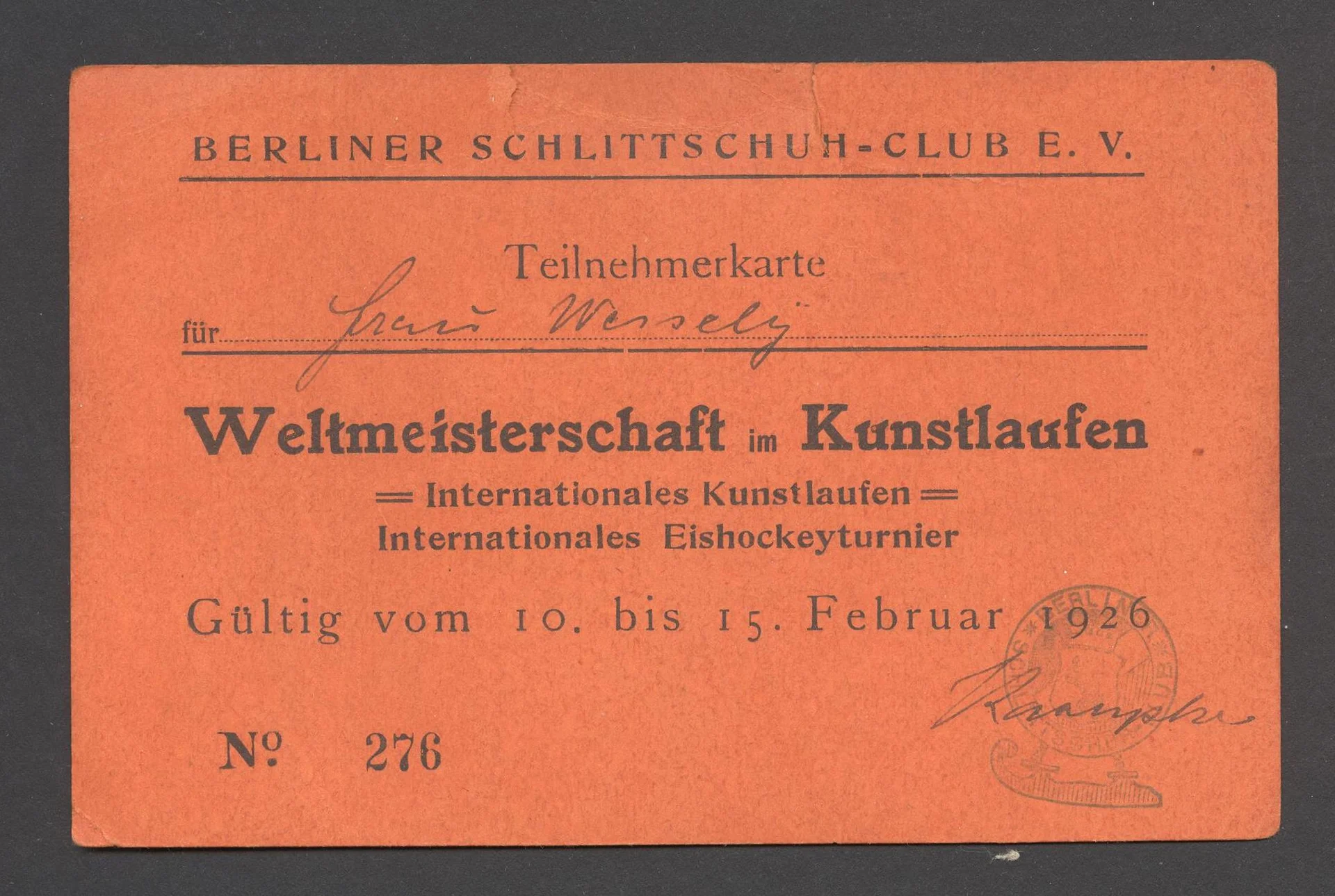 Náhledový obrázek předmětu Mistrovství světa v krasobruslení. Berlín 1926
