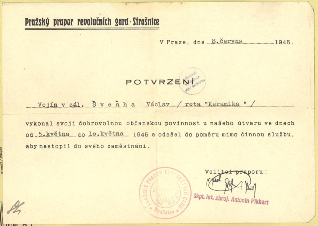 Náhledový obrázek Potvrzení o účasti v Pražském povstání - 1