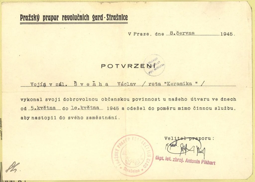 Náhledový obrázek předmětu Potvrzení o účasti v Pražském povstání