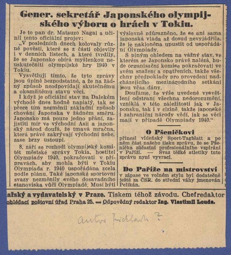 Náhledový obrázek Novinová zpráva k olympijským hrám v Tokiu v roce 1940 - 1