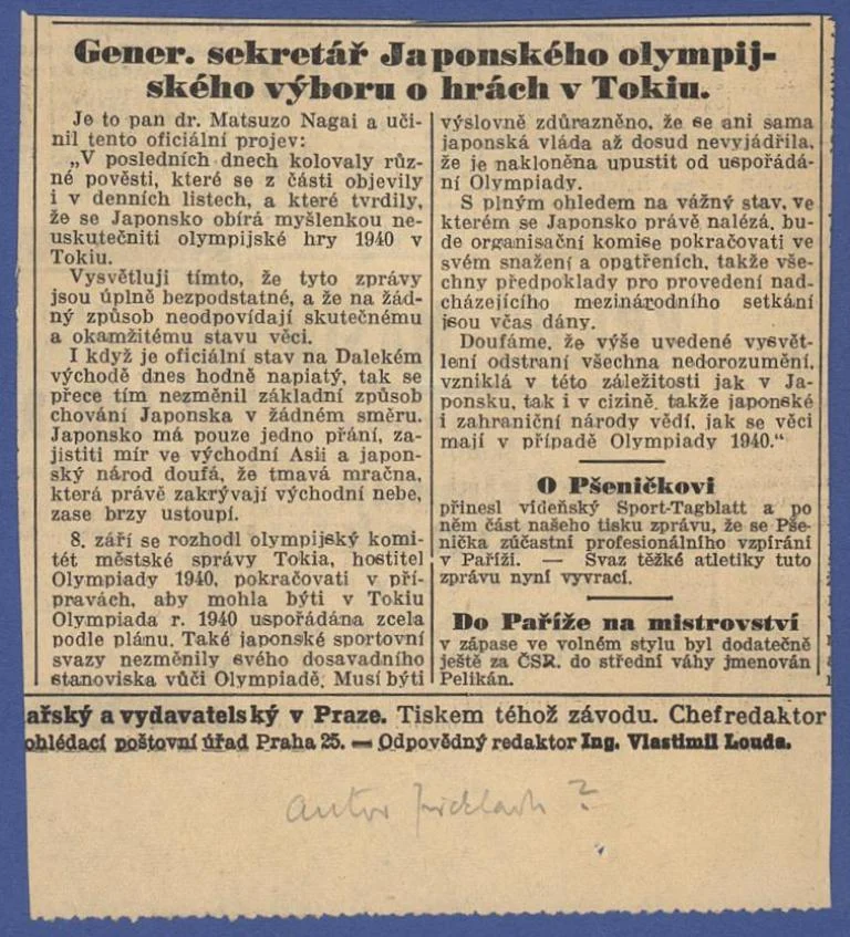 Náhledový obrázek předmětu Novinová zpráva k olympijským hrám v Tokiu v roce 1940
