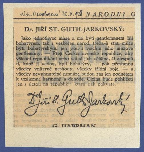 Náhledový obrázek Přání Jiřího Gutha-Jarkovského republice (28. 10. 1928) - 1