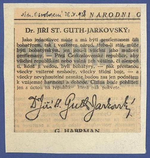 Náhledový obrázek předmětu Přání Jiřího Gutha-Jarkovského republice (28. 10. 1928)