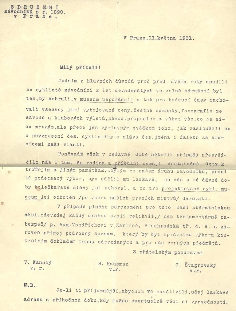 Náhledový obrázek předmětu Informační leták Sdružení závodníků z r. 1890