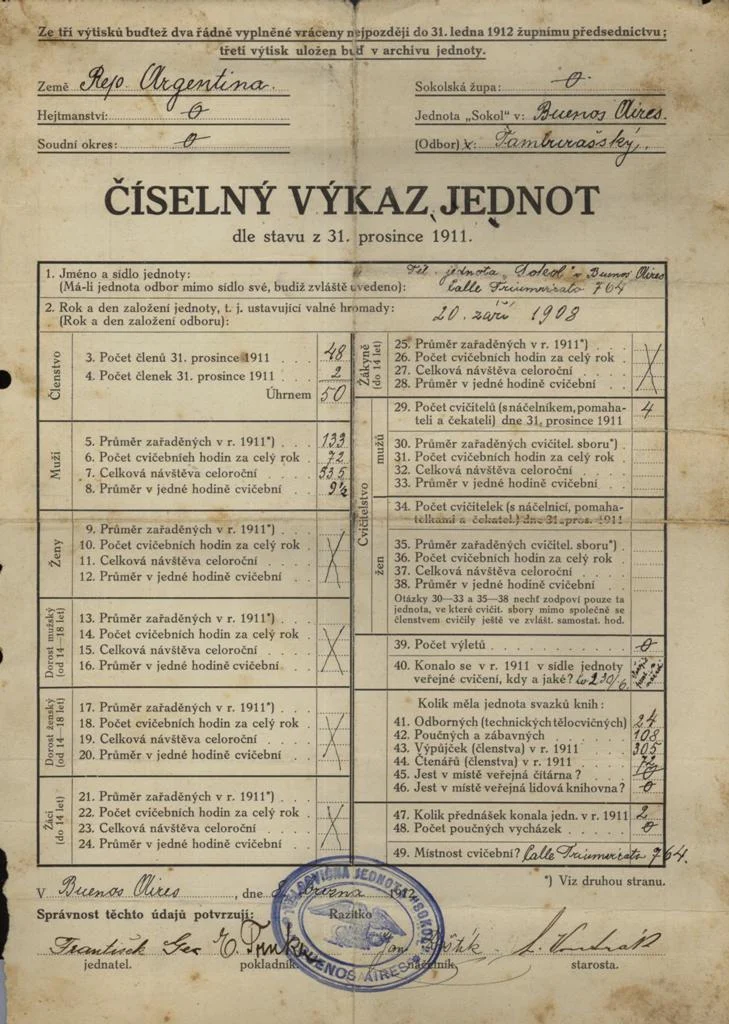 Náhledový obrázek předmětu Číselný výkaz sokolské jednoty v Buenos Aires