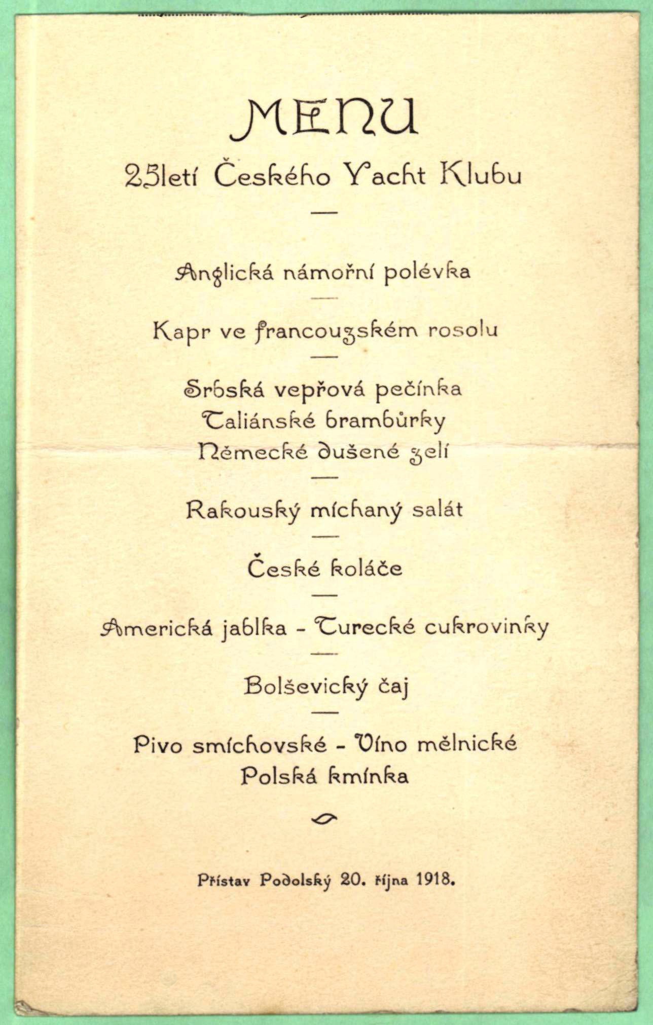 Náhledový obrázek Menu na oslavě 25 let Českého Yacht-Klubu - 1