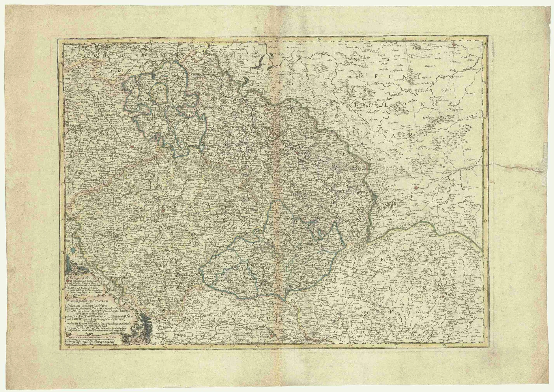 Náhledový obrázek předmětu Dermahliges Kriegs-Theatrum oder neue und accurate Landkarte das gantze Königreich Böheim, Herzogthum Schlesien, und die Marggrafthümer Mähren, Ober- und Nieder Lausitz, nebst einen großen Theil von Ober Sachsen, March-Brandenburg, Königreich Pohlen und H