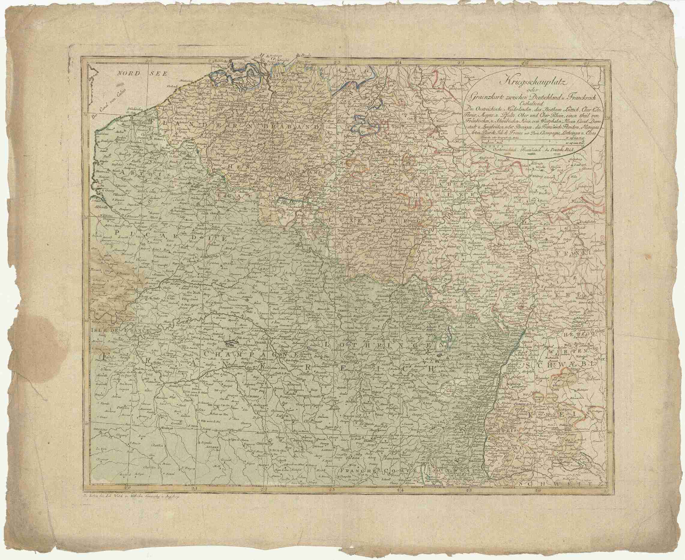 Náhledový obrázek Kriegsschauplatz oder Graenzkarte zwischen Deutschland u. Frankreich enthaltend die Oesterreichische Niederlanden, das Bisthum Lüttich, Chur Cöln, Trier, Maynz, und Pfaltz, Ober, und Chur Rhein, Fränkischer, und Schwäbisher Kreis, einen Theil von Westphal - 1