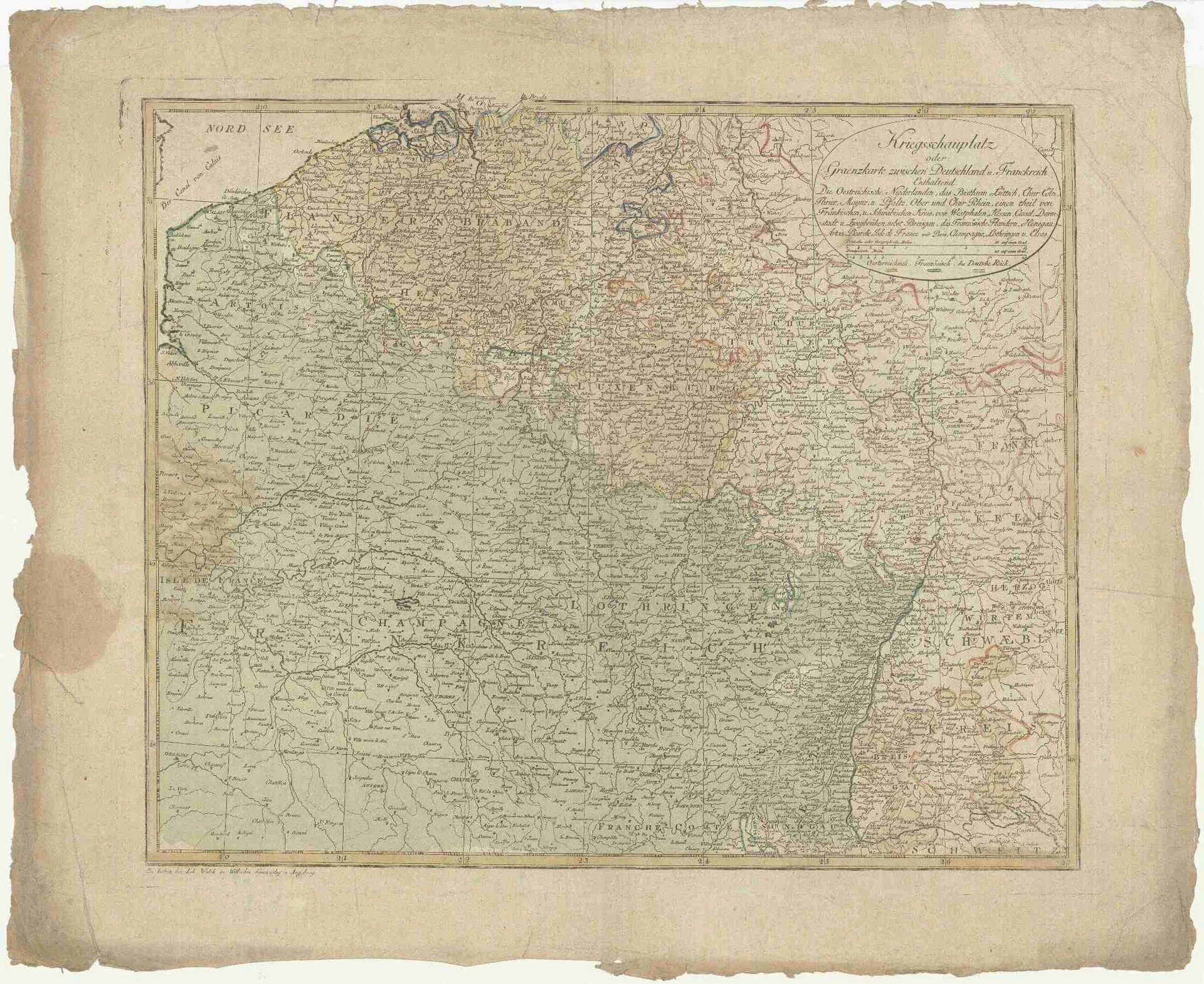 Náhledový obrázek předmětu Kriegsschauplatz oder Graenzkarte zwischen Deutschland u. Frankreich enthaltend die Oesterreichische Niederlanden, das Bisthum Lüttich, Chur Cöln, Trier, Maynz, und Pfaltz, Ober, und Chur Rhein, Fränkischer, und Schwäbisher Kreis, einen Theil von Westphal