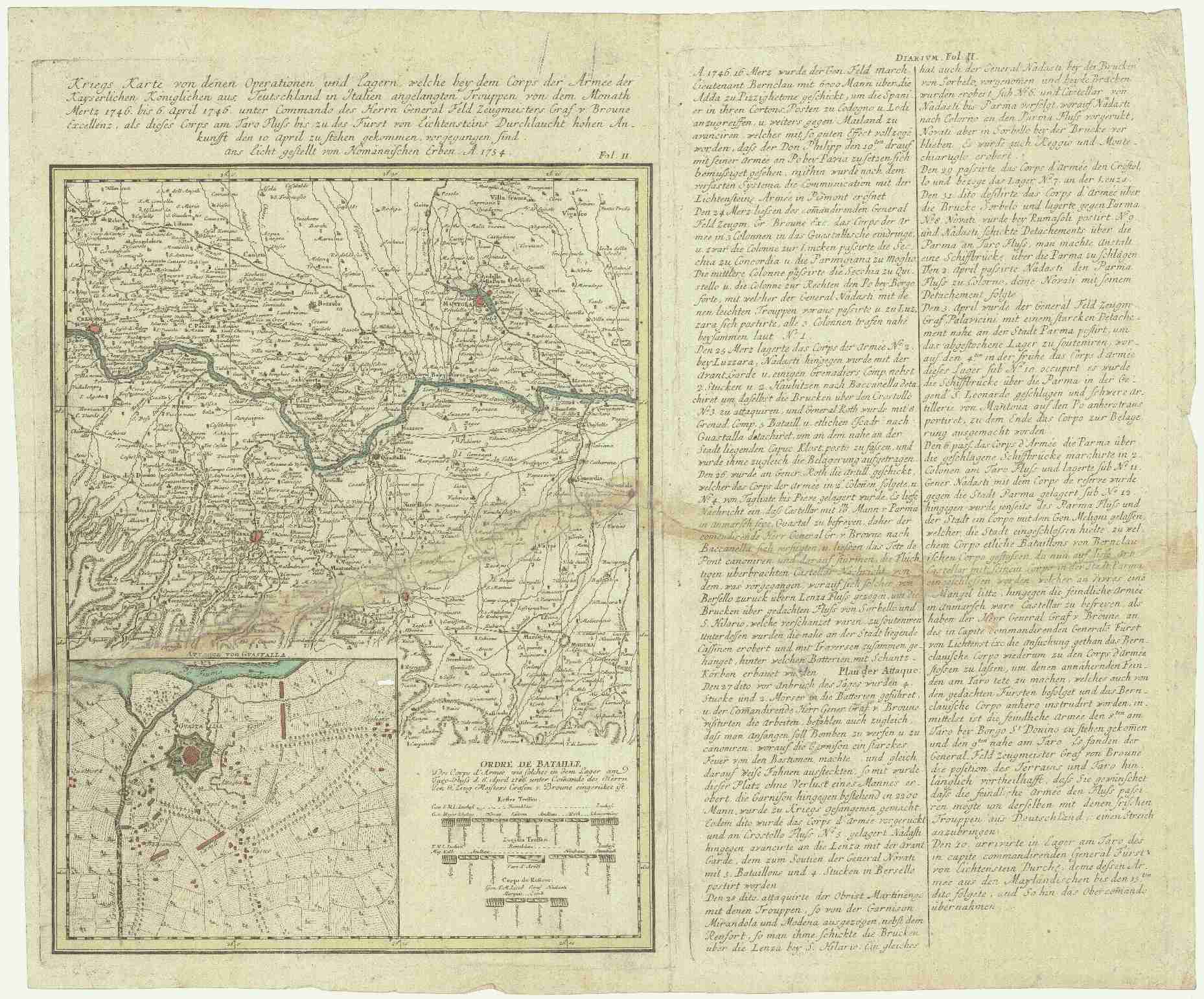 Náhledový obrázek předmětu Kriegs Karte von denen Operationen und Lagern, welche bey dem Corps der Armée der Kayserlichen Königlichen aus Teutschland in Italien angelangten Trouppen von dem Monath Mertz 1746 bis 6 April 1746 unter Commando des Herrn General Feld Zeugmeisters Graf v