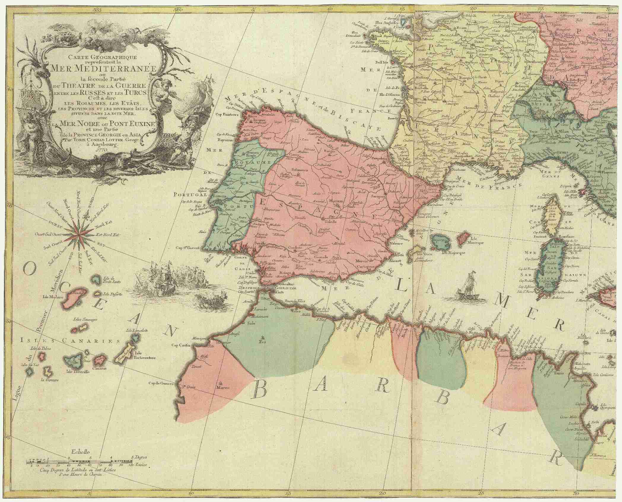 Náhledový obrázek Carte geographique representant la mer Mediterranée ou la seconde partie du theátre de la guerre entre les Russes et les Turcs c' est a dire les roiaumes, les etâts, les provinces et les diverses isles situées dans la dite mer, avec la mer Noire ou pont E - 1