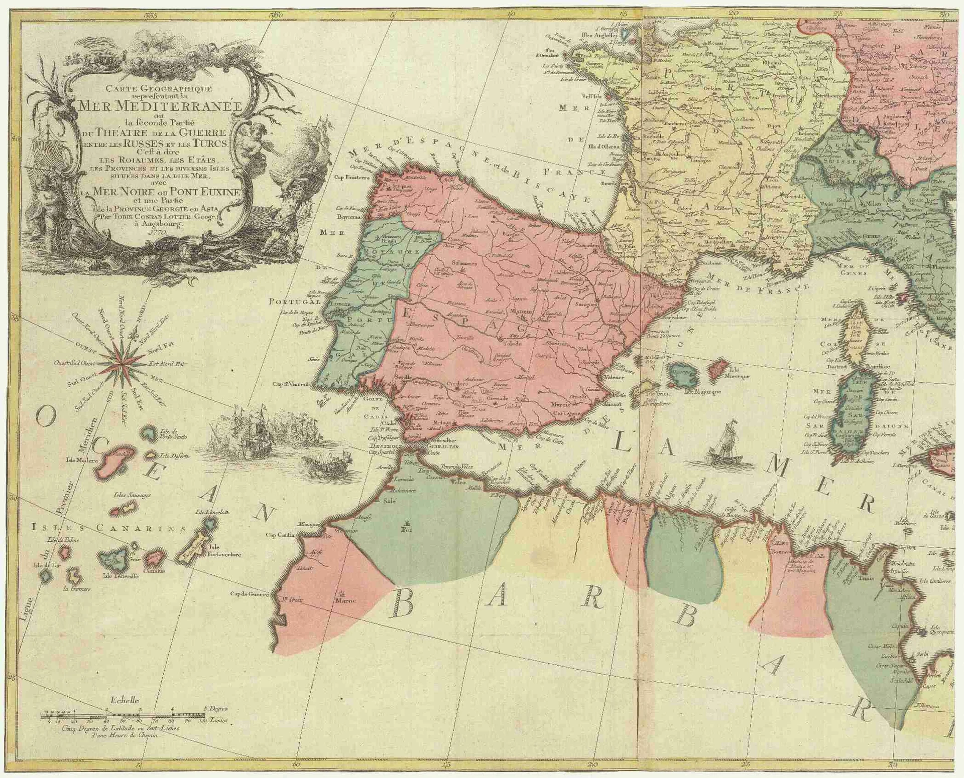 Náhledový obrázek předmětu Carte geographique representant la mer Mediterranée ou la seconde partie du theátre de la guerre entre les Russes et les Turcs c' est a dire les roiaumes, les etâts, les provinces et les diverses isles situées dans la dite mer, avec la mer Noire ou pont E