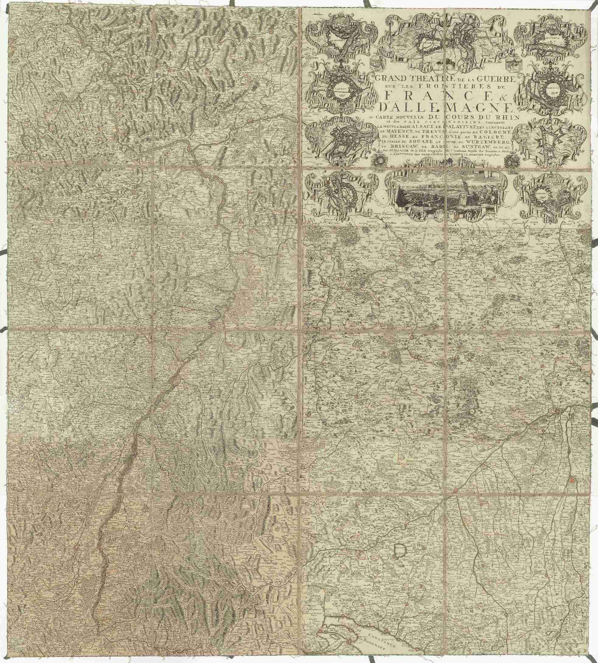 Náhledový obrázek Grand theatre de la guerre sur les frontieres de France & d' Allemagne ou carte nouvelle du cours du Rhin et des pais circonvoisins contenant la Haute & Basse Alsace & le Palatinat & les electorats de Mayence, de Treves & une partie de Cologne de Hesse, d - 1