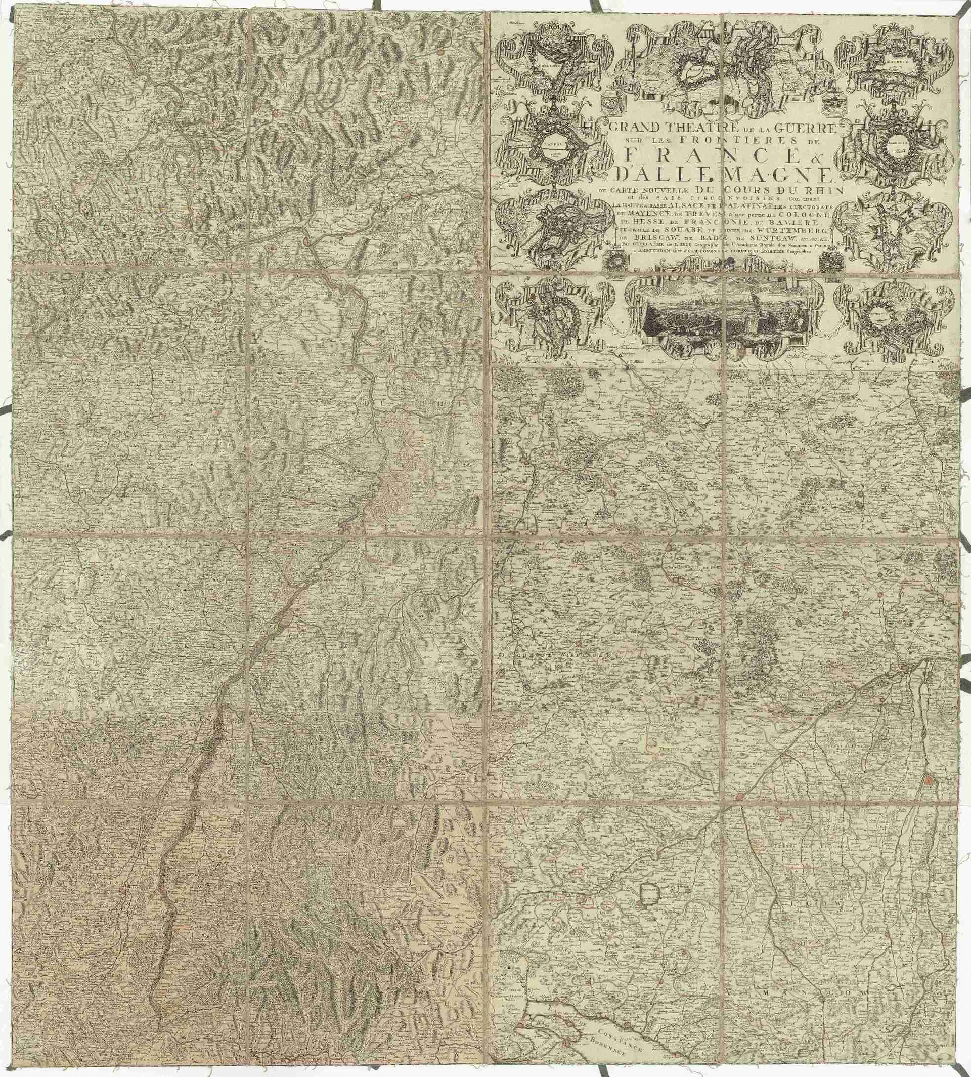 Náhledový obrázek předmětu Grand theatre de la guerre sur les frontieres de France & d' Allemagne ou carte nouvelle du cours du Rhin et des pais circonvoisins contenant la Haute & Basse Alsace & le Palatinat & les electorats de Mayence, de Treves & une partie de Cologne de Hesse, d