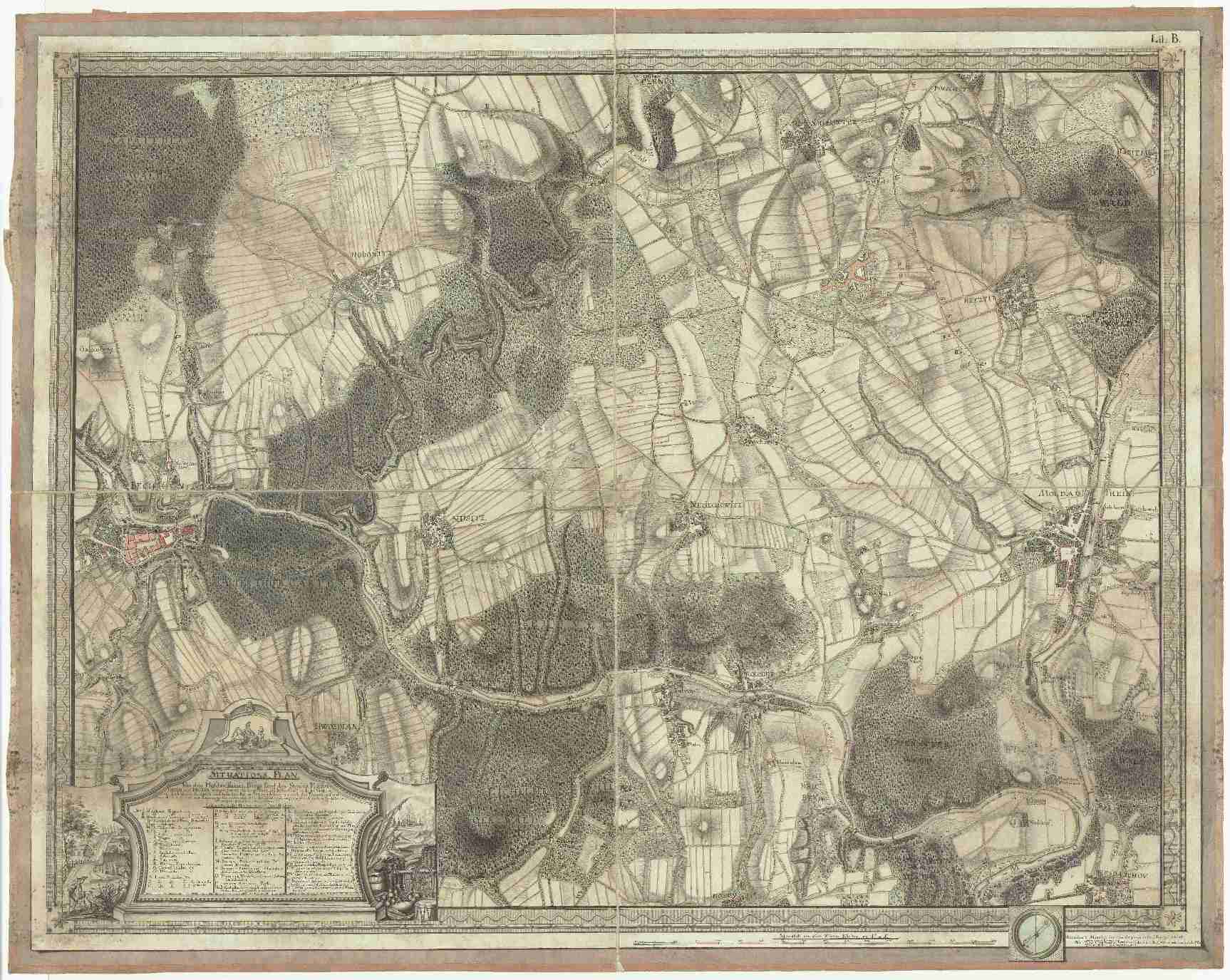Náhledový obrázek předmětu Situations-Plan von dem Moldautheiner Berge samt den Staeden Moldau Thein und Bechin, worauf sowohl die Lage der dort befindlichen k. k. Gebaeuden, dieteils der Artillerie und teils dem Fuhrwefen zugehören, als auch der Terrain auf welchen alle 3. k. k. A