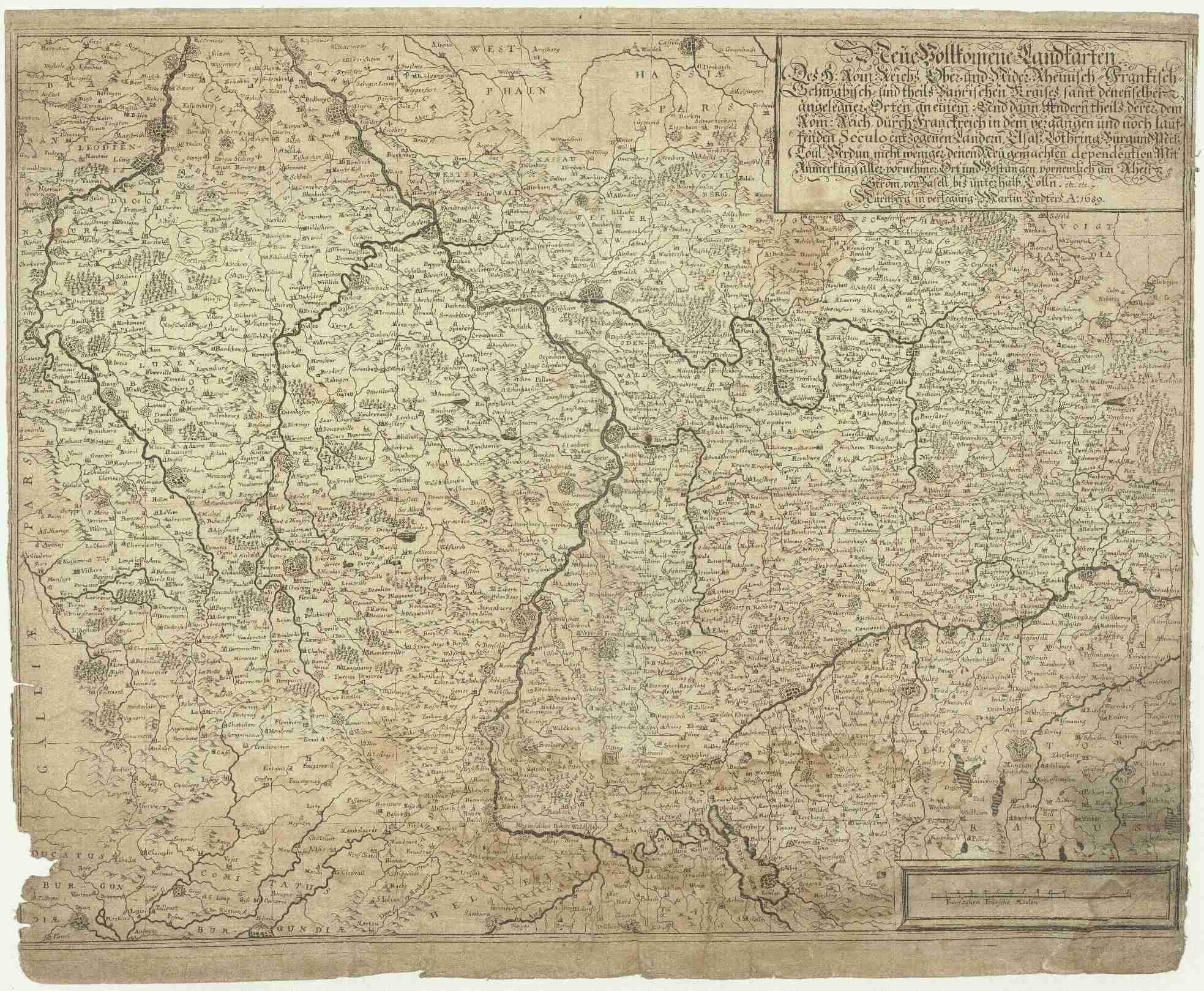 Náhledový obrázek Neue vollkomene Landkarten des h. Röm. Reichs, Ober und Nieder Rheinisch- Fränkisch- Schwäbisch- und theils Bayrischen Kraises, samt denenselber angelegner Orten, an einem und dann Anderntheils, derer dem röm. Reich, durch Franckreich in dem vergangen und - 1
