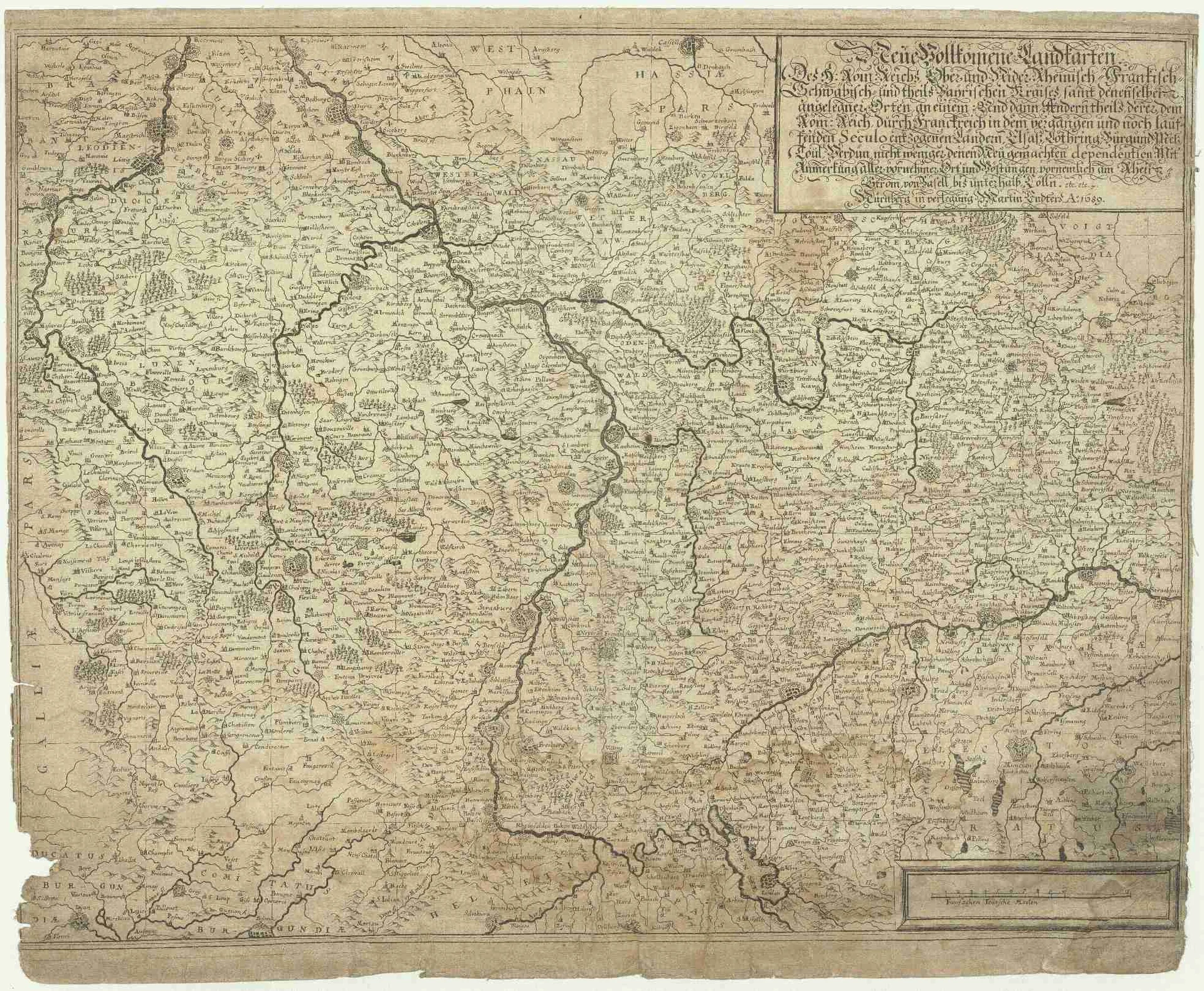 Náhledový obrázek předmětu Neue vollkomene Landkarten des h. Röm. Reichs, Ober und Nieder Rheinisch- Fränkisch- Schwäbisch- und theils Bayrischen Kraises, samt denenselber angelegner Orten, an einem und dann Anderntheils, derer dem röm. Reich, durch Franckreich in dem vergangen und