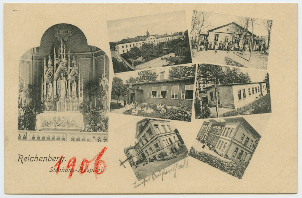 Náhledový obrázek Liberec - kvodlibet. jednobar. do r. 1918: Štěpánská nemocnice ´Reichenberg. Stephans-Hospital.´ - 1