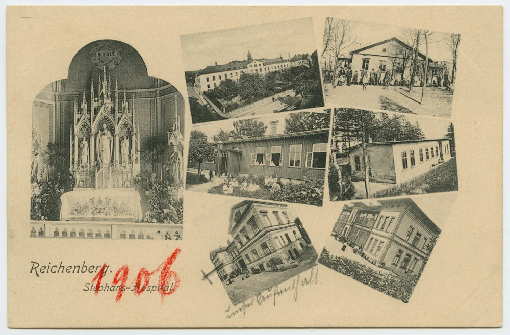 Náhledový obrázek předmětu Liberec - kvodlibet. jednobar. do r. 1918: Štěpánská nemocnice ´Reichenberg. Stephans-Hospital.´