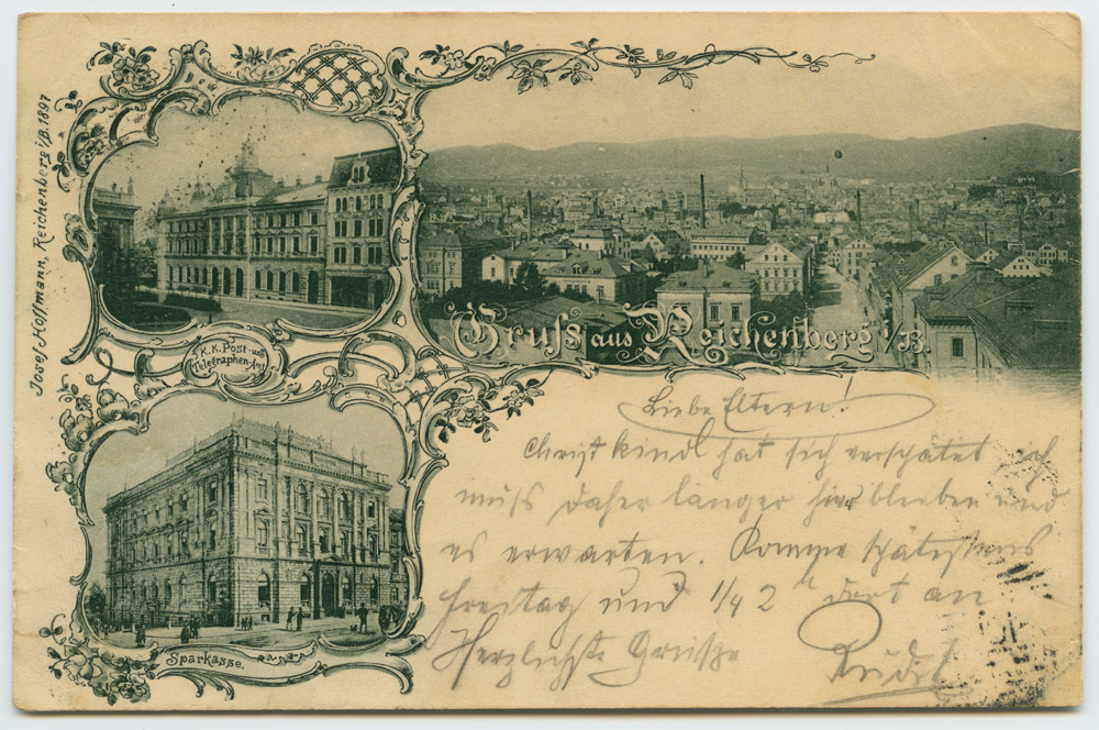 Náhledový obrázek Liberec - kvodlibet. jednobar. do r. 1918: pošta, spořitelna, celkový pohled ' Gruss aus Reichenberg i/B.' - 1
