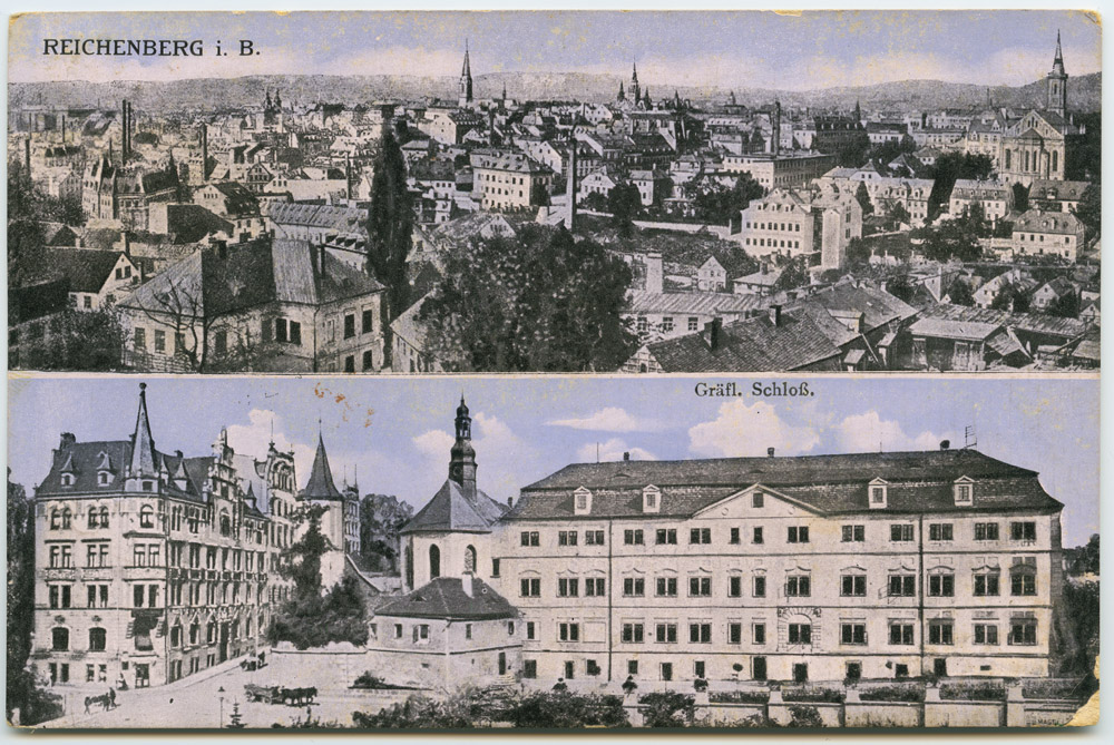 Náhledový obrázek Liberec - kvodlibet. jednobar. do r. 1918: celek - Kristiánov, zámek ´Reichenberg i. B. // Gräfl. Schloß.´ - 1
